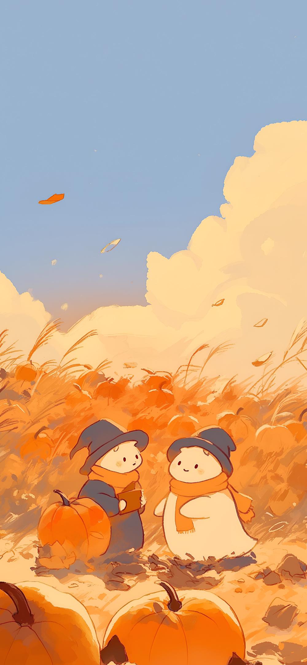 Download Fall Cute Fluffy Shosts On Pumpkin Field