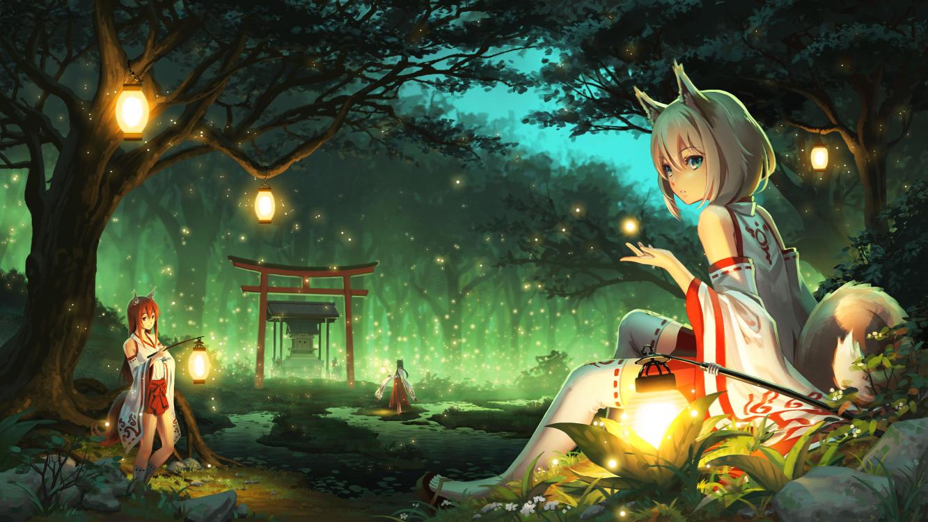 Download fireflies anime girls forest