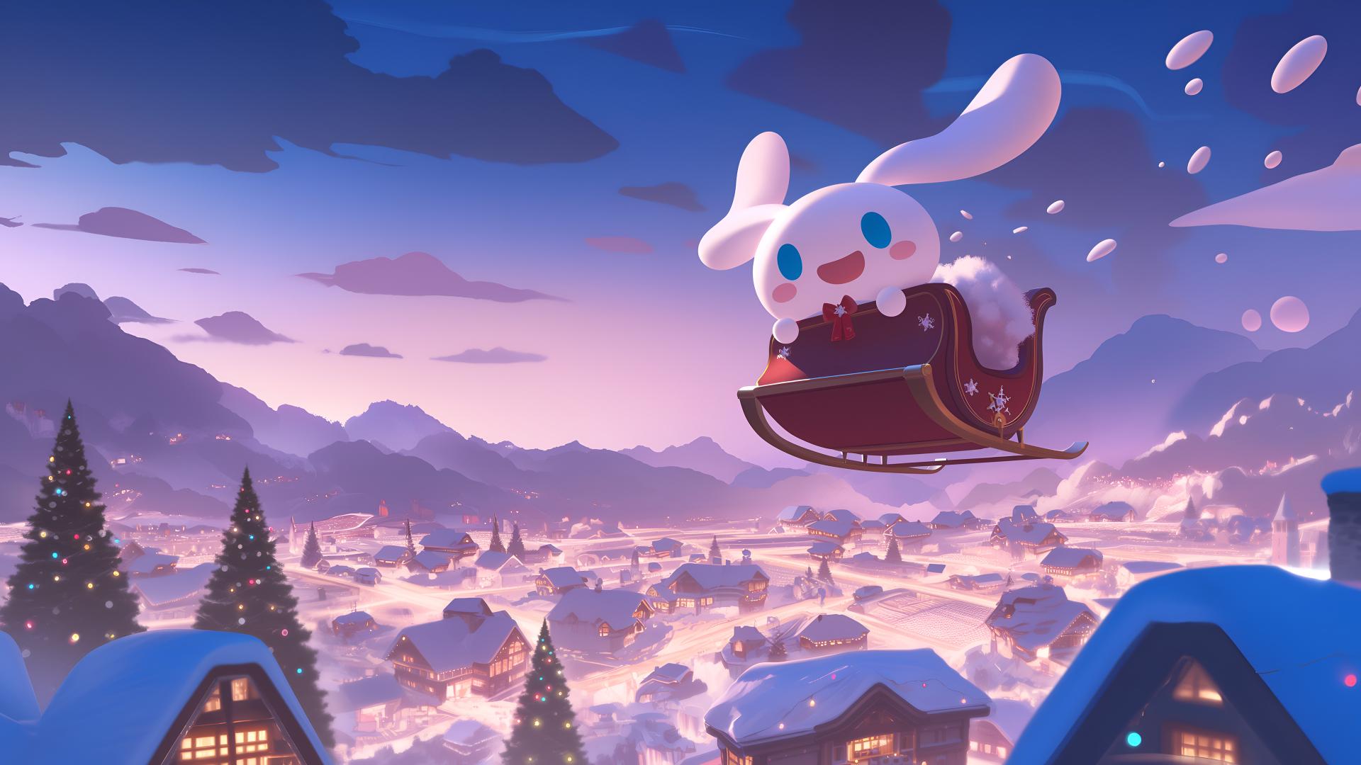 Download Cinnamoroll Snowy Town Sleigh Christmas Scene Desktop