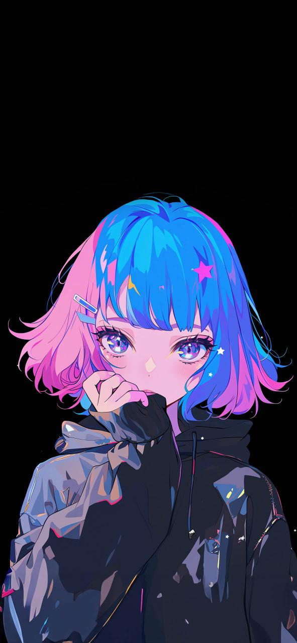 Download Anime Girl With Pink Blue Hair Black Pr