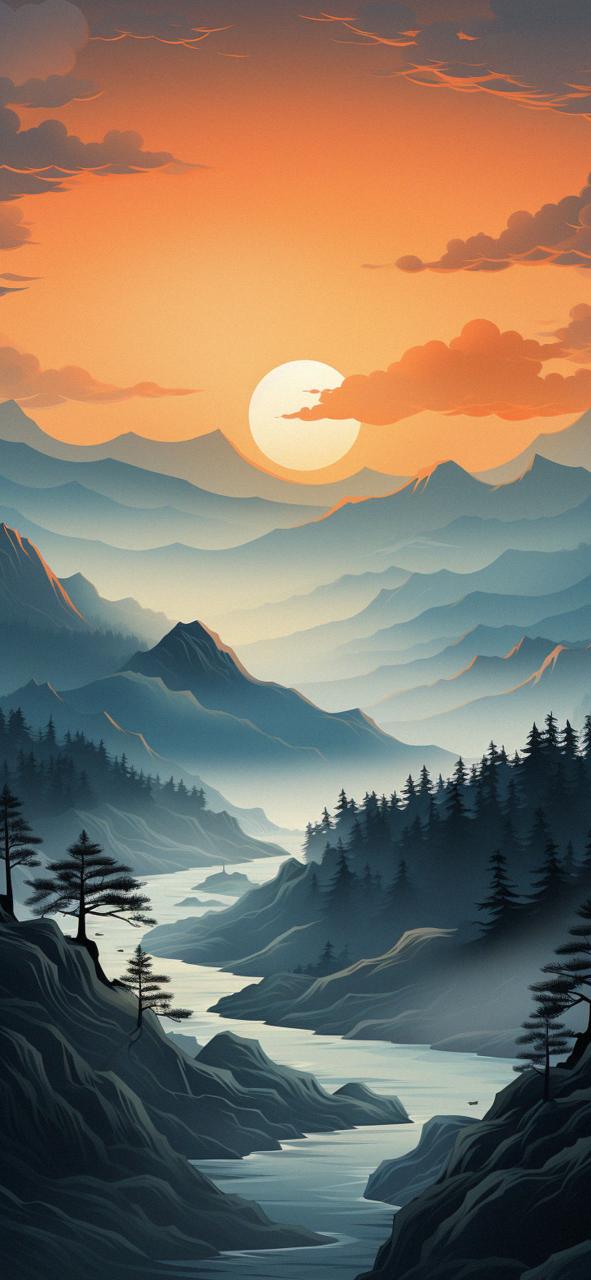 Download Mountains In Fog Orange Sunset