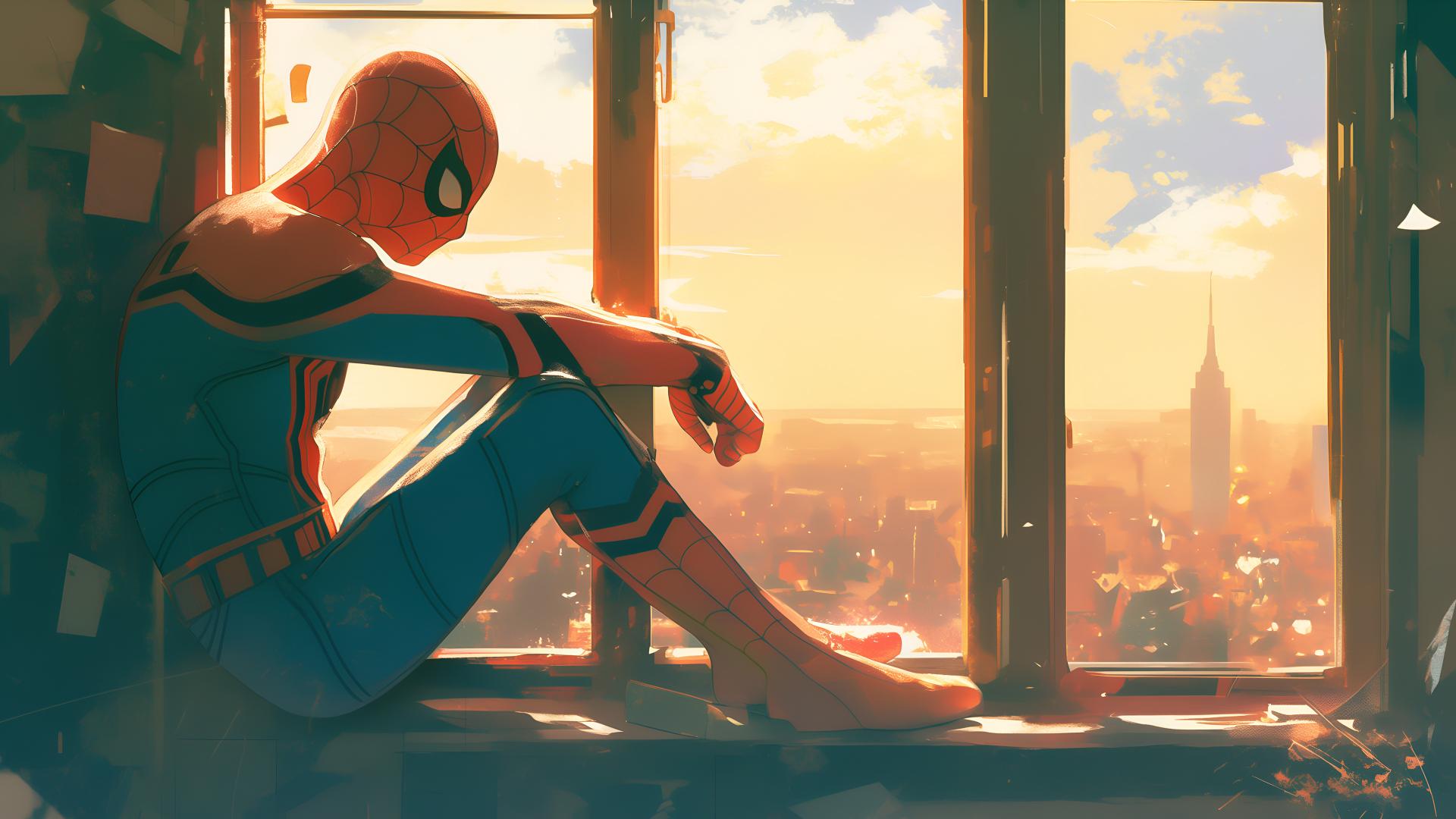 Download Spiderman Sitting On The Window Sunset Desktop Wallpaper 4k