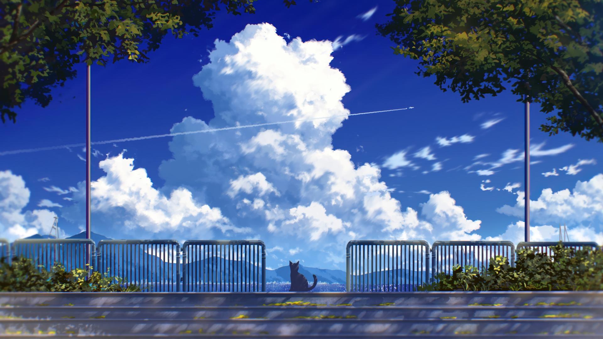 Download Anime Cat Clouds Trees Scenery