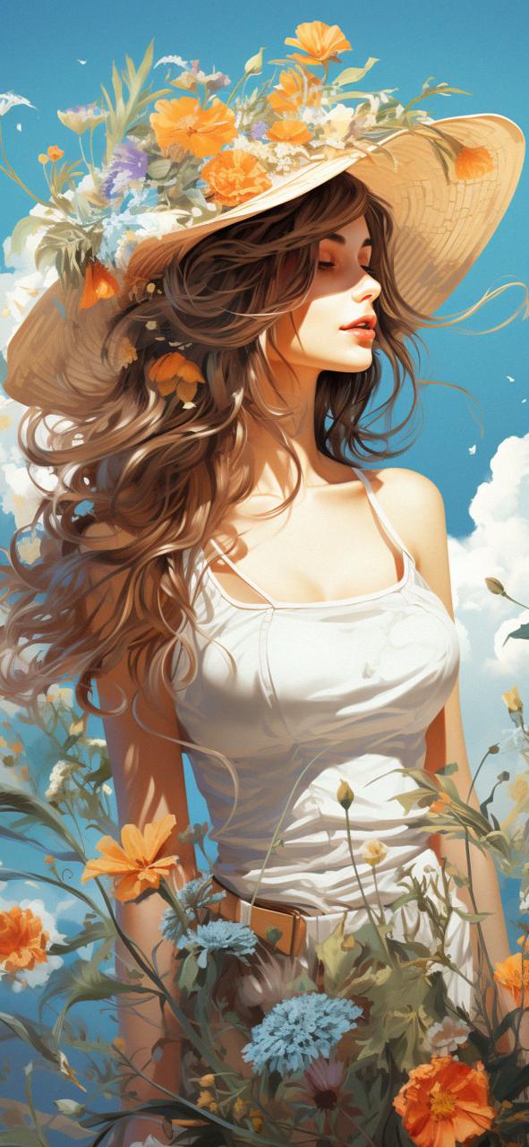 Download Girl In Panama Hat Flowers Art