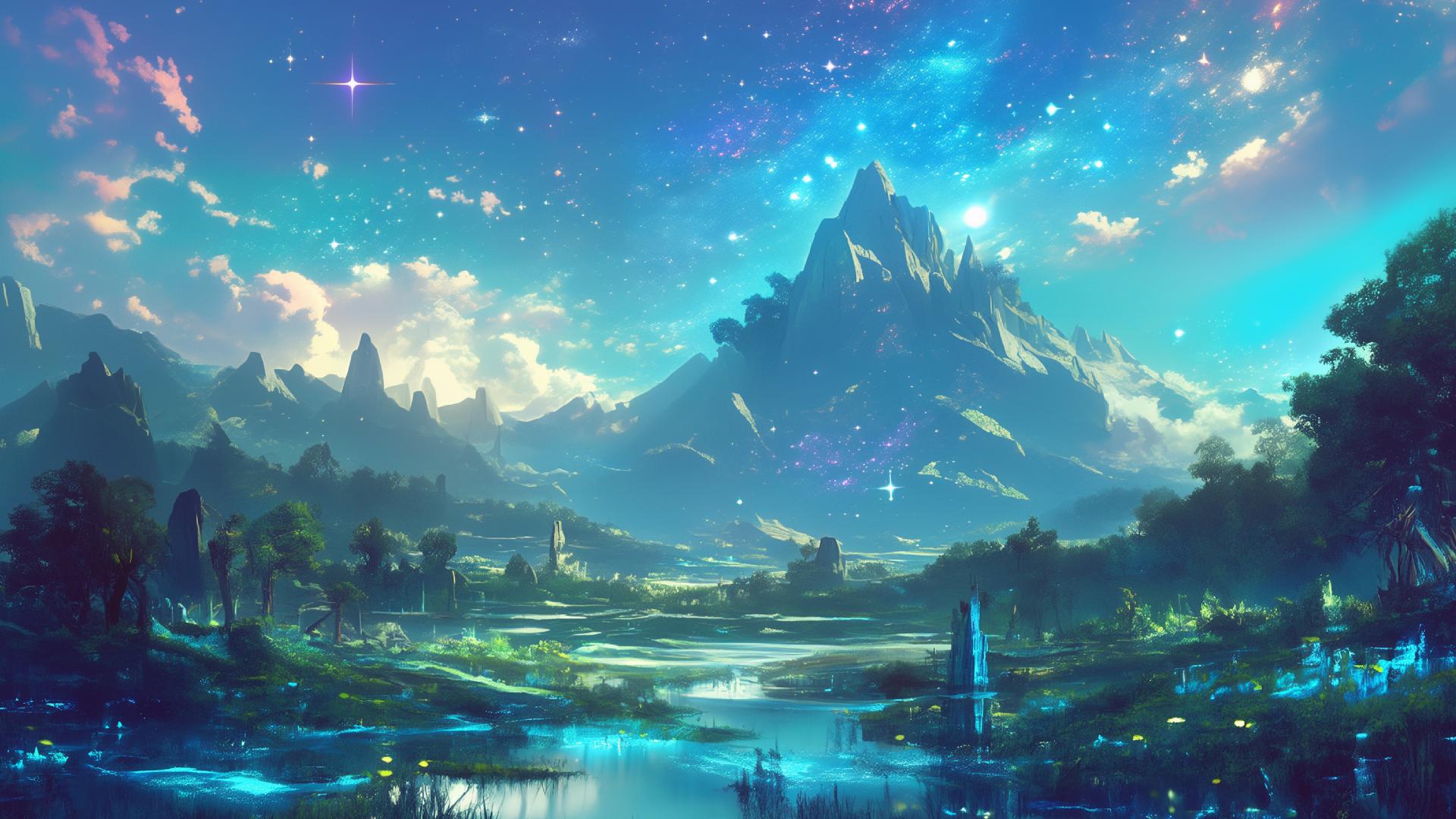 Download Starry Night Mountain Valley Desktop Wallpaper