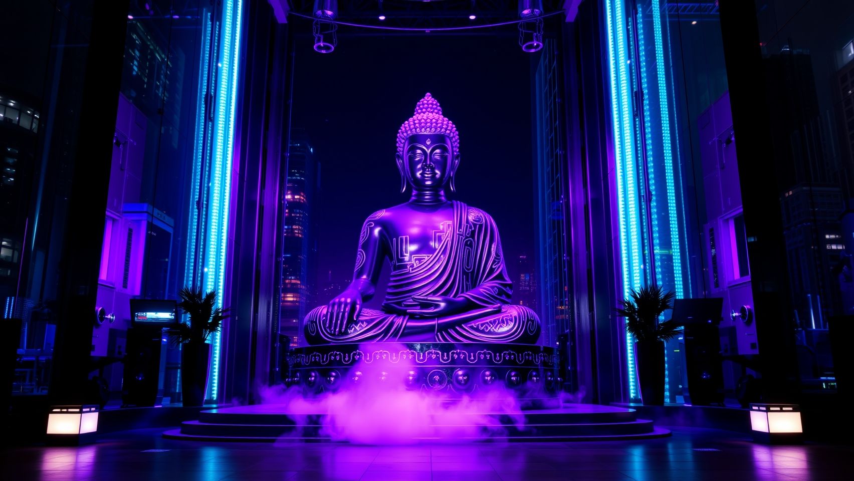 Download A Cyberpunk Purple Buddha Statue In