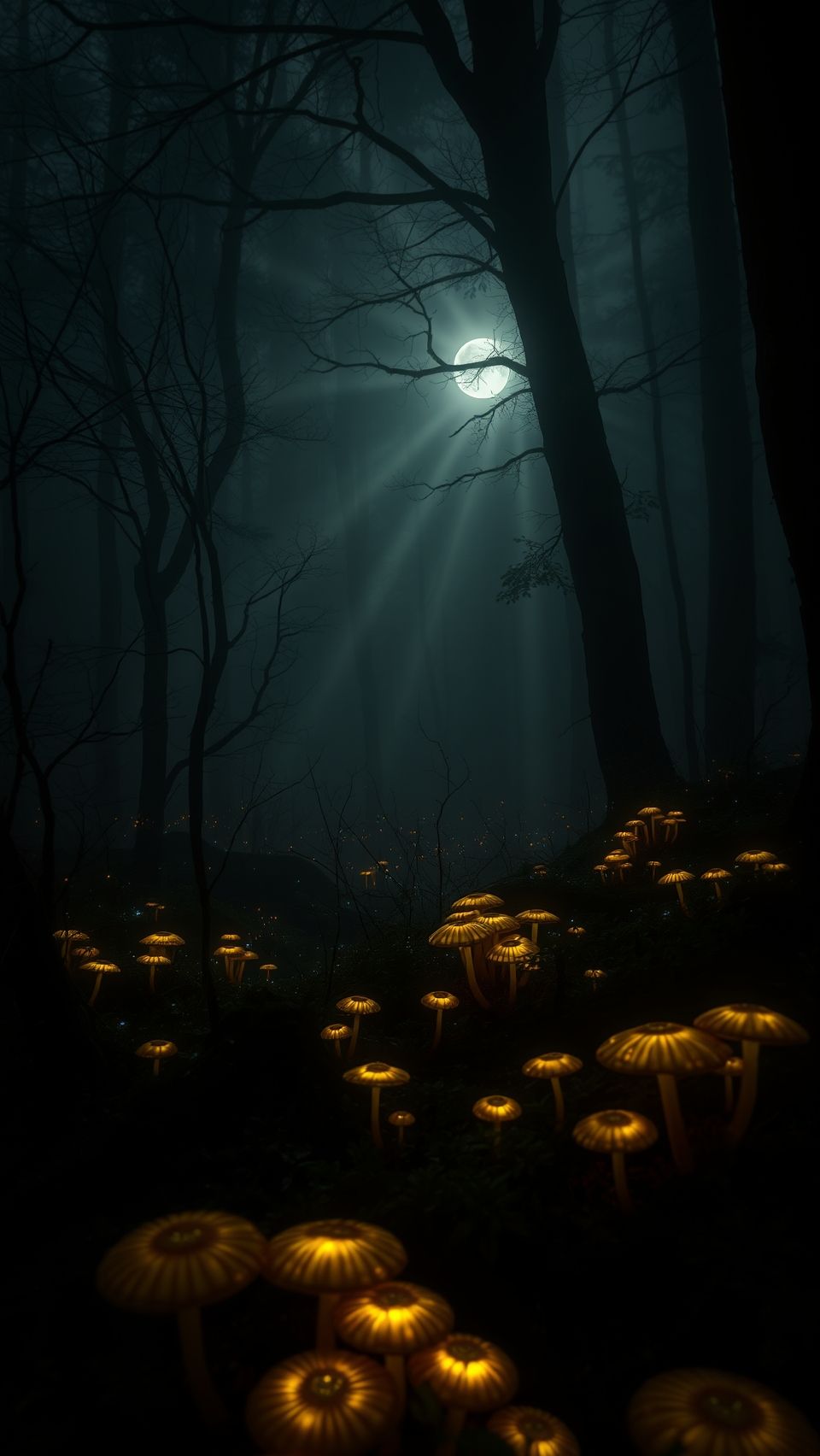 Download A Dense Foggy Forest With Glowing