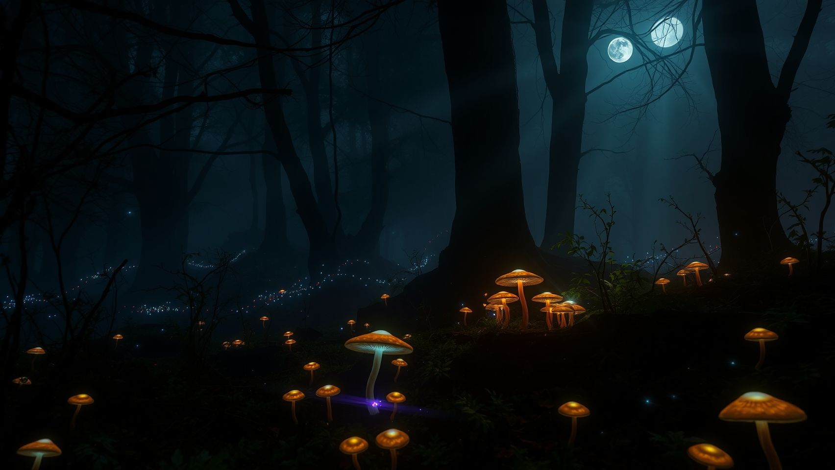 Download A Dense Foggy Forest With Glowing