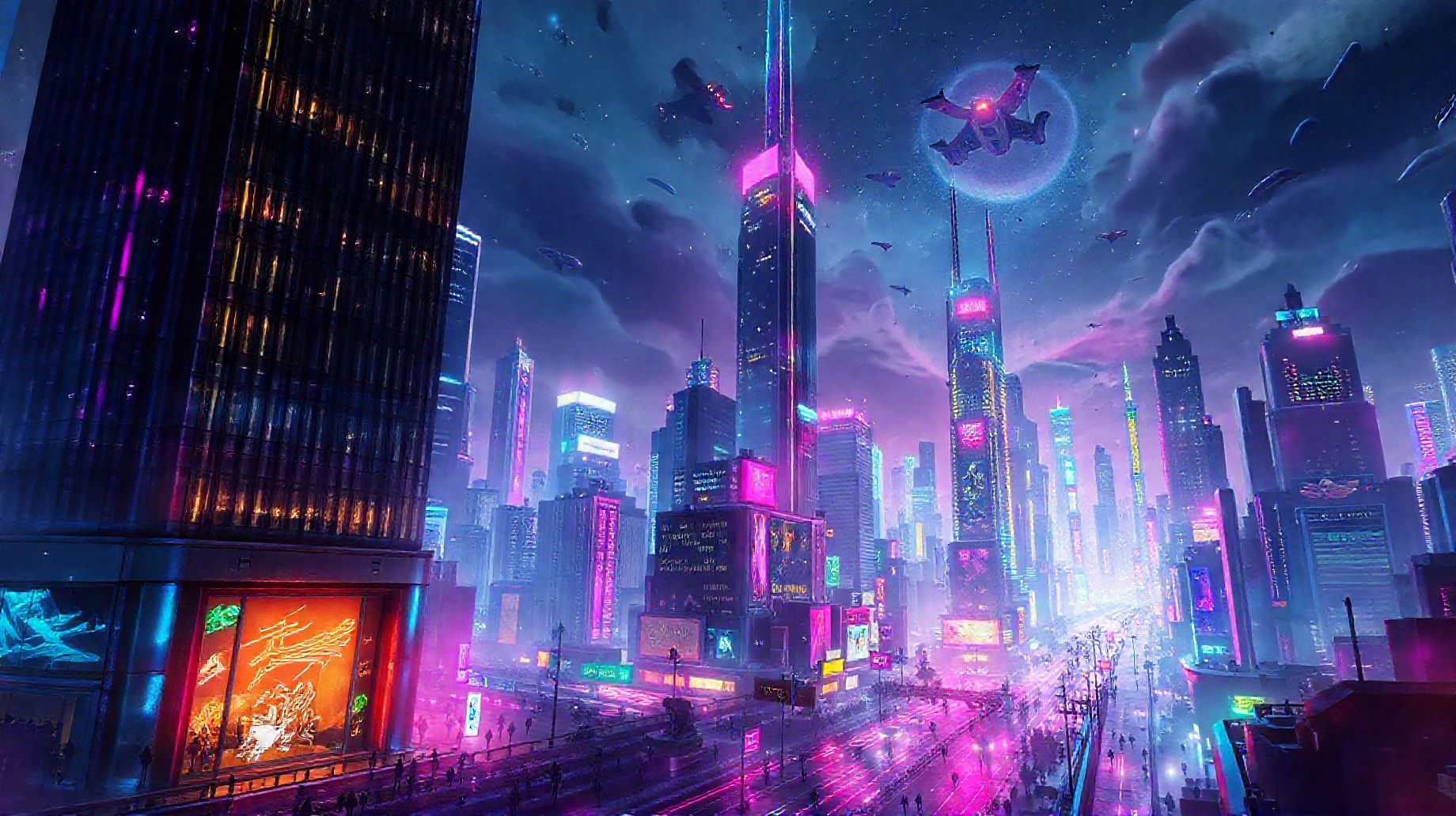 Download A Futuristic Cityscape With Neon Lights