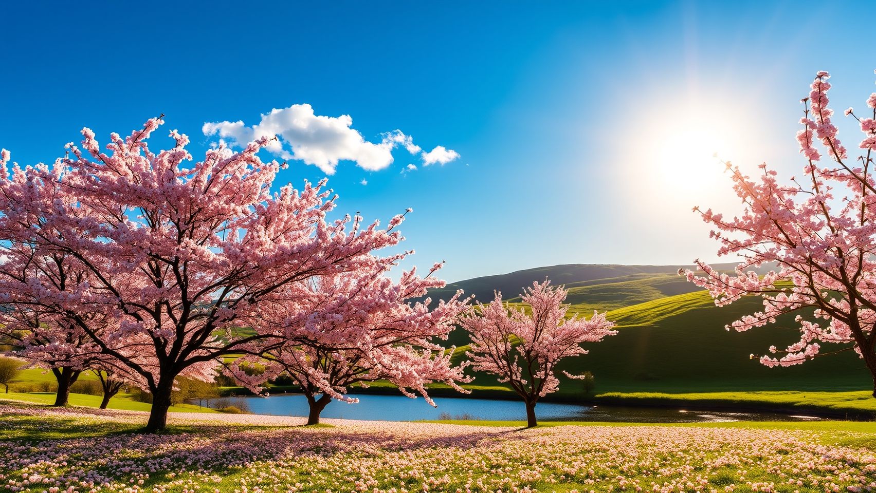 Download A Serene Landscape With Cherry Blossoms