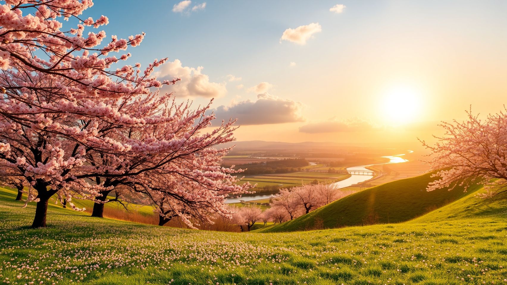 Download A Serene Landscape With Cherry Blossoms