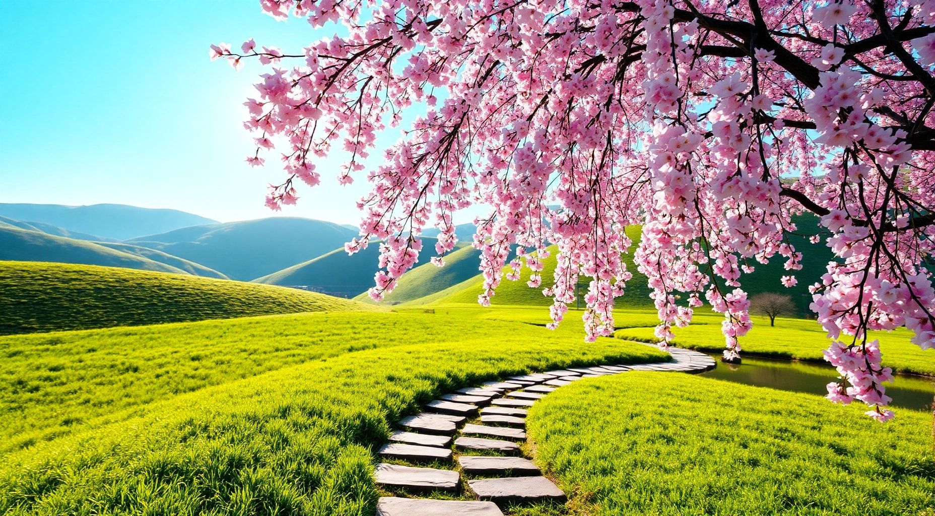 Download A Serene Landscape With Cherry Blossoms