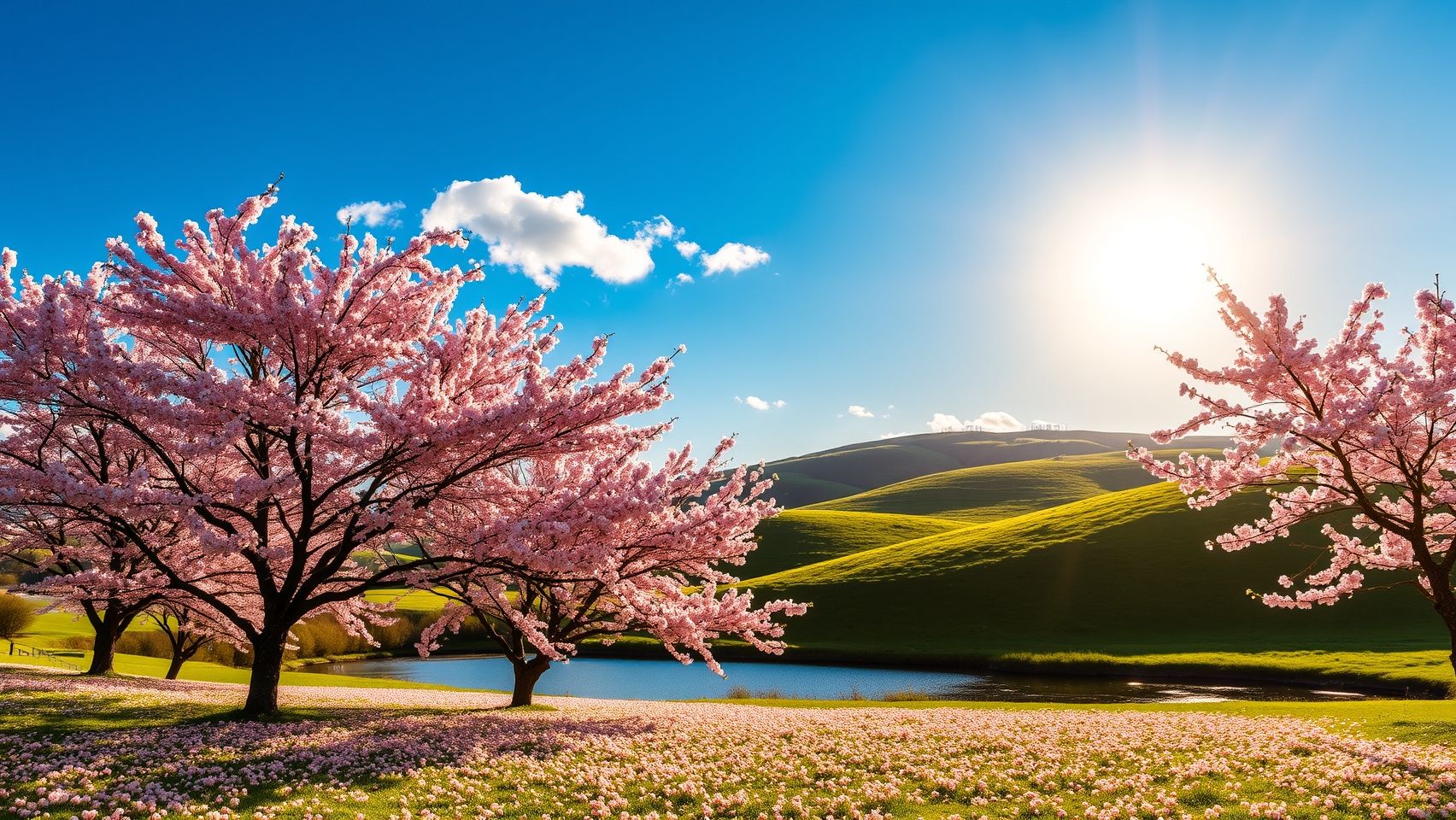 Download A Serene Landscape With Cherry Blossoms