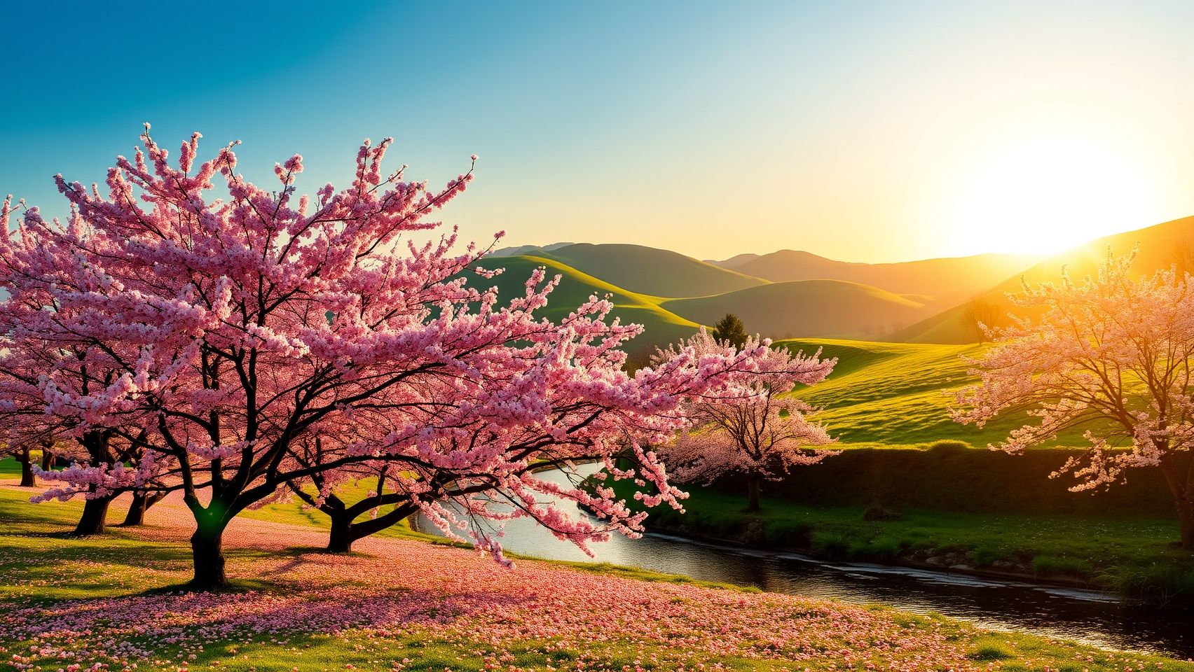 Download A Serene Landscape With Cherry Blossoms