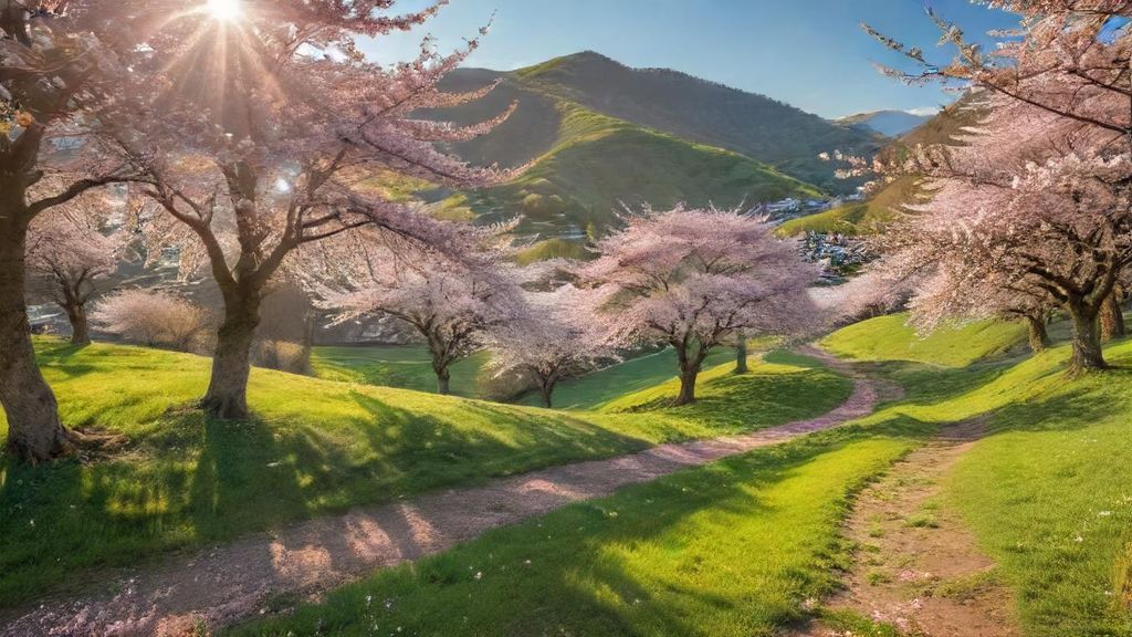 Download A Serene Landscape With Cherry Blossoms