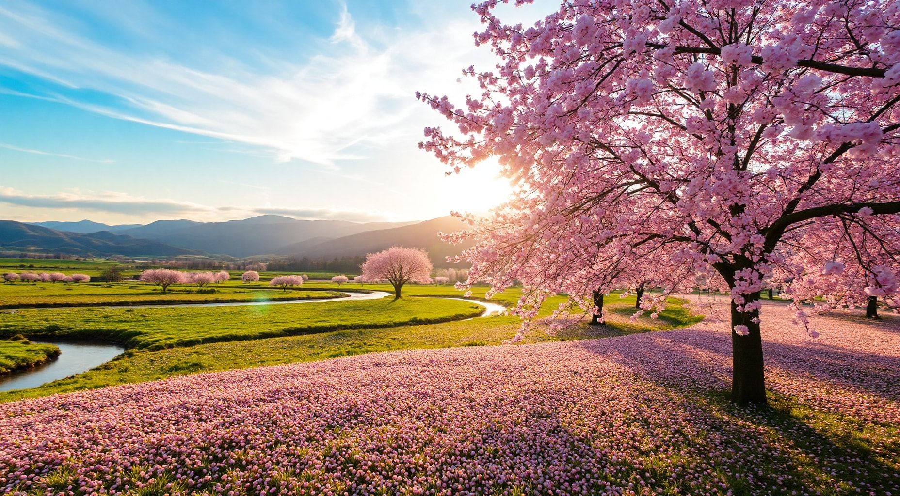 Download A Serene Landscape With Cherry Blossoms