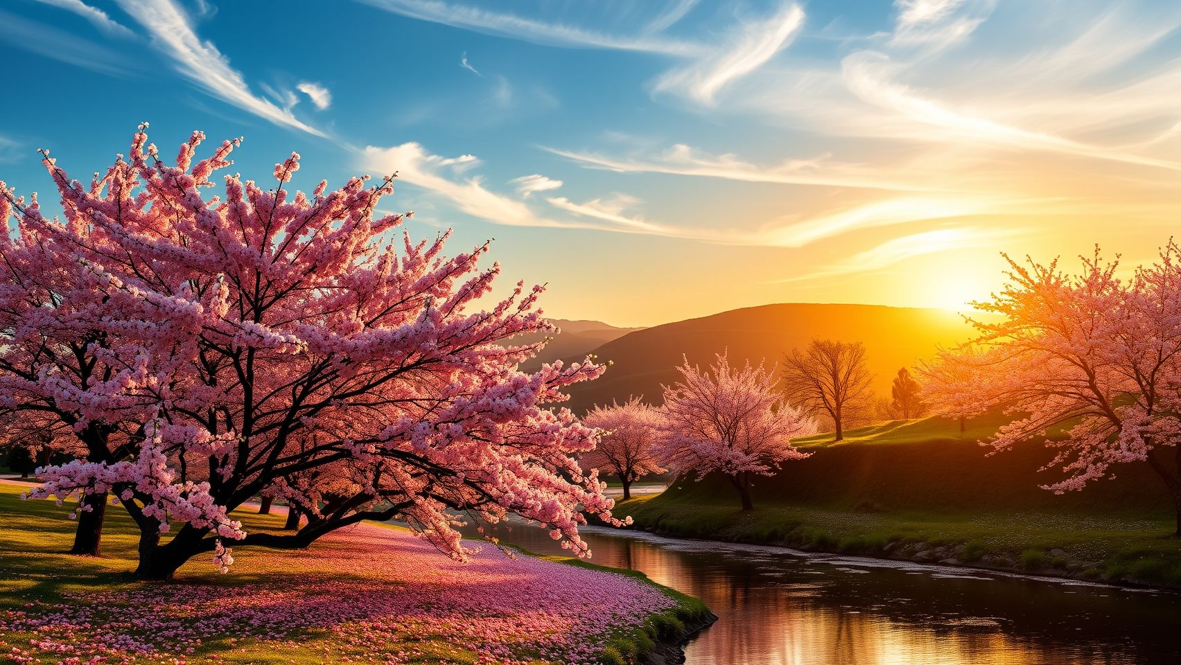 Download A Serene Landscape With Cherry Blossoms