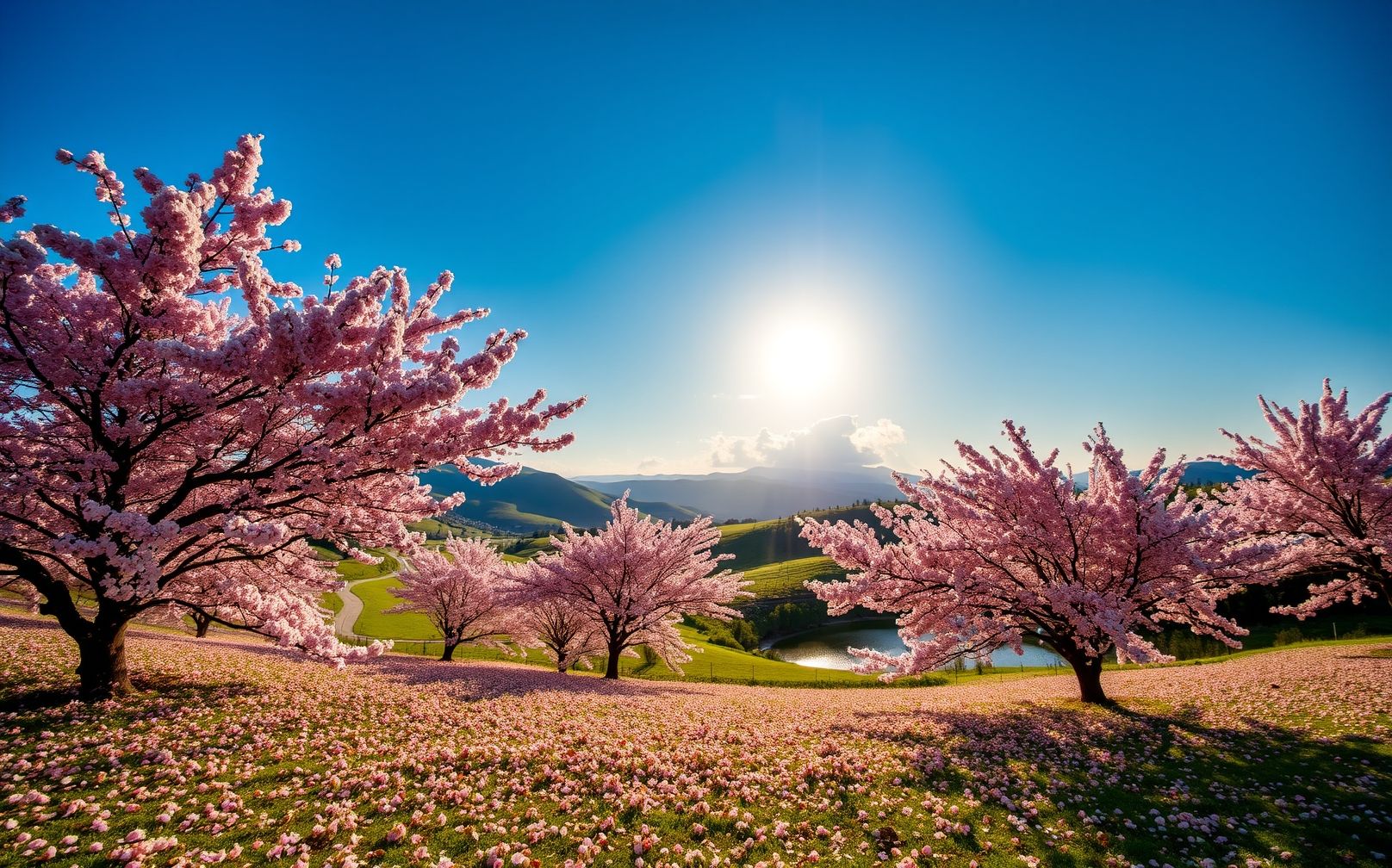 Download A Serene Landscape With Cherry Blossoms