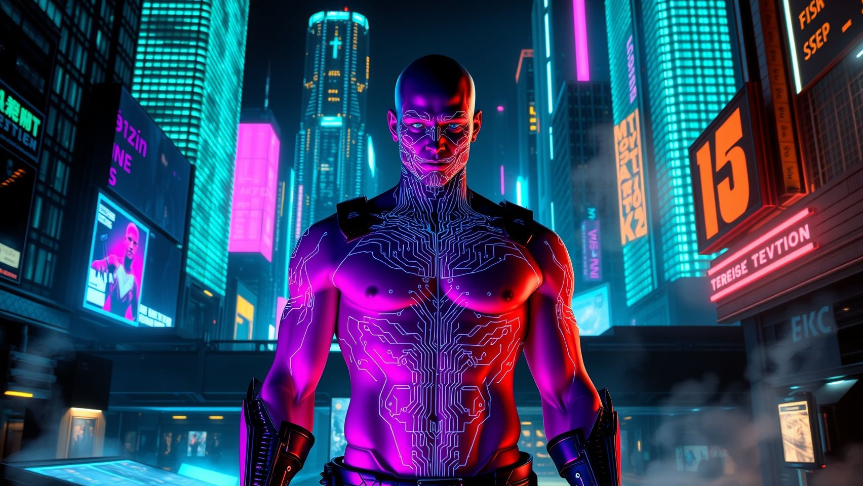 Download A Shirtless Cyberpunk Character In A