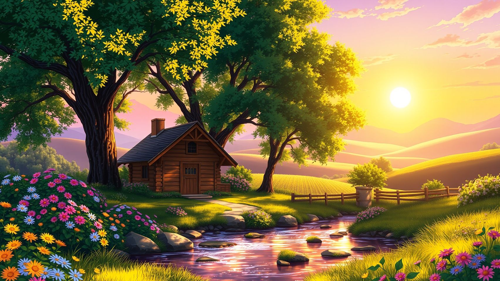 Download Anime Peaceful Landscape Cottage