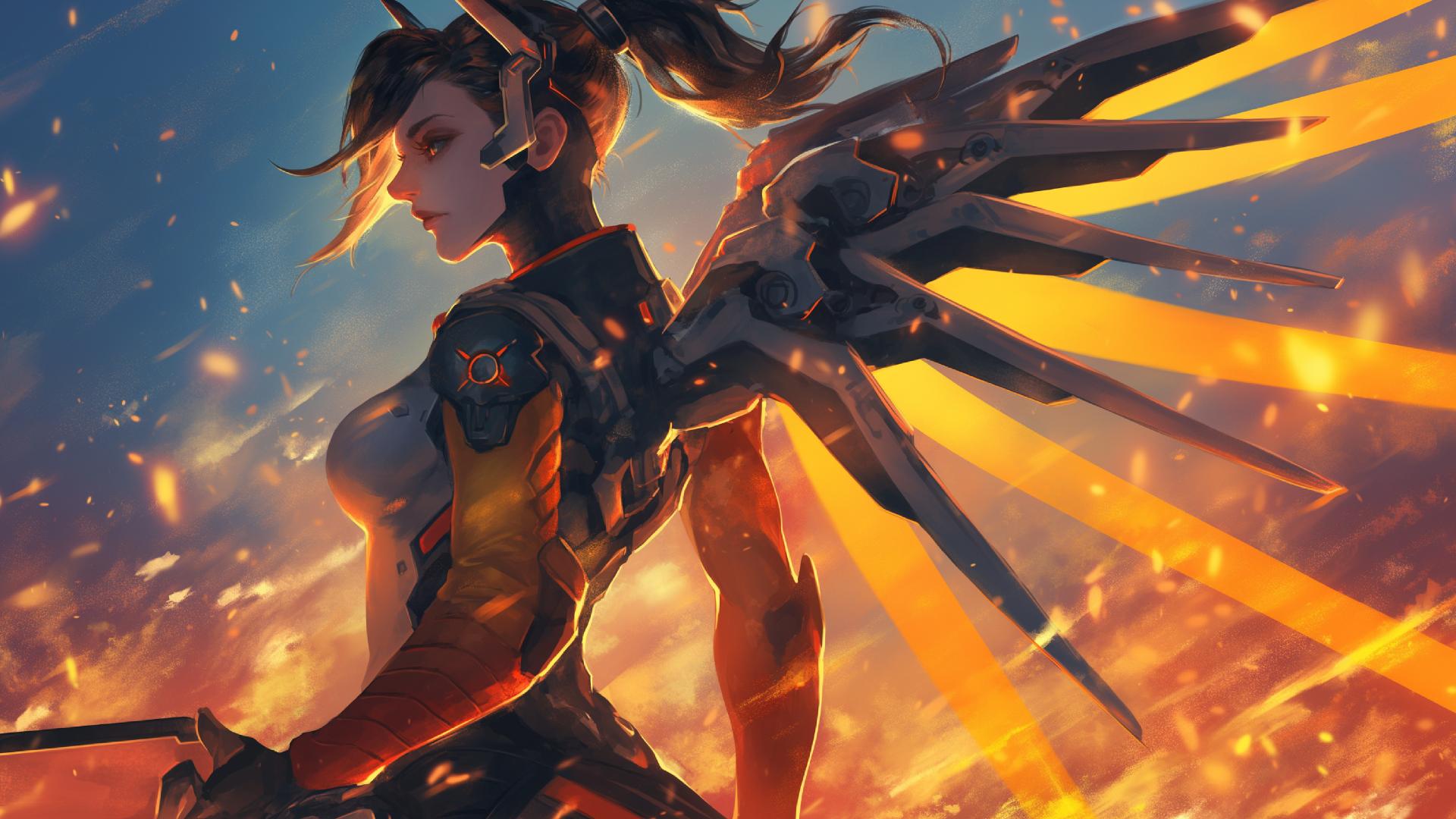 Download Mercy Overwatch Angel Wings Fire Desktop Wallpaper