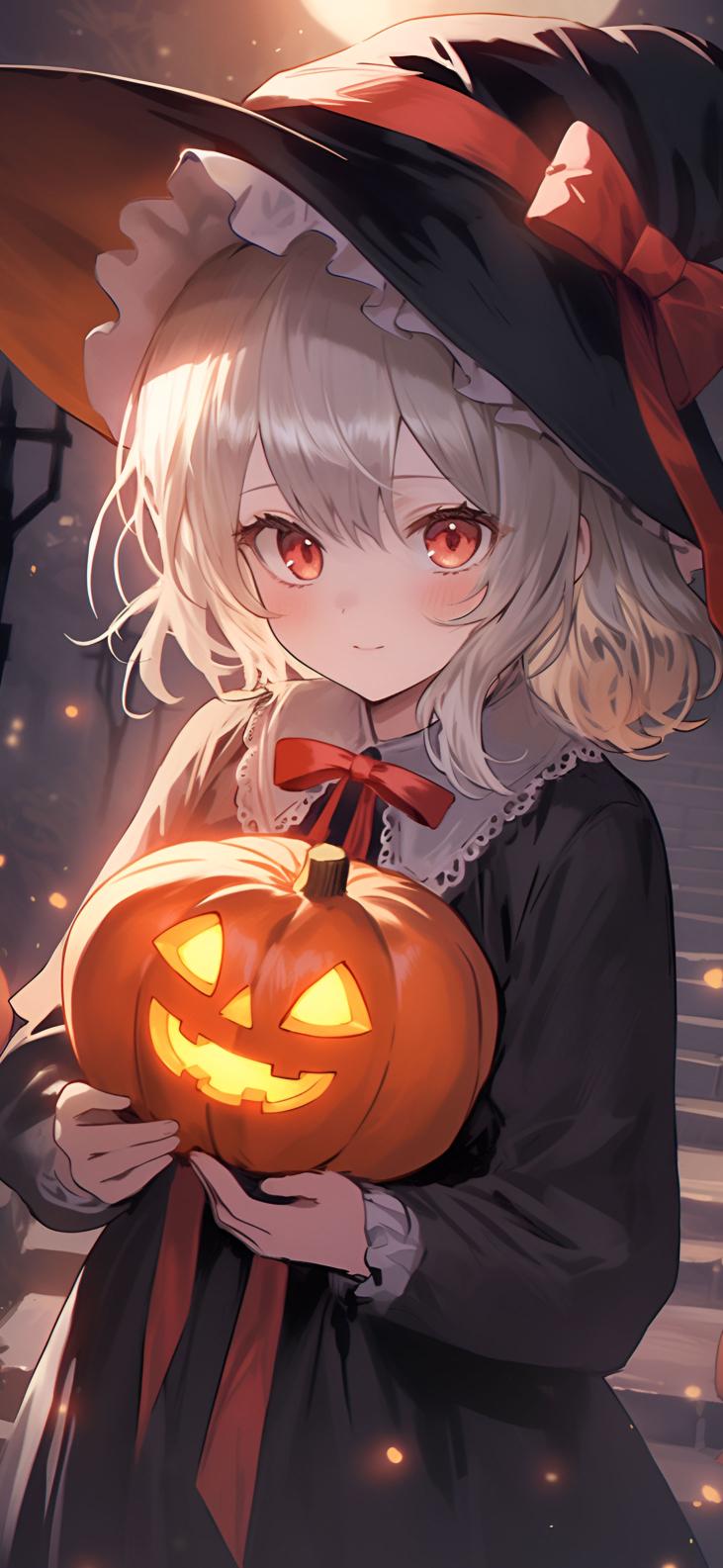 Download Cute Anime Girl With Jack O Lantern Halloween