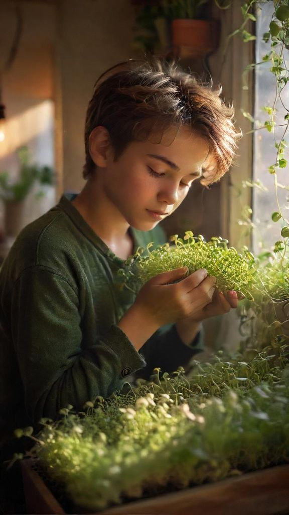 Download Cute Boy Taking Care Microgreens At