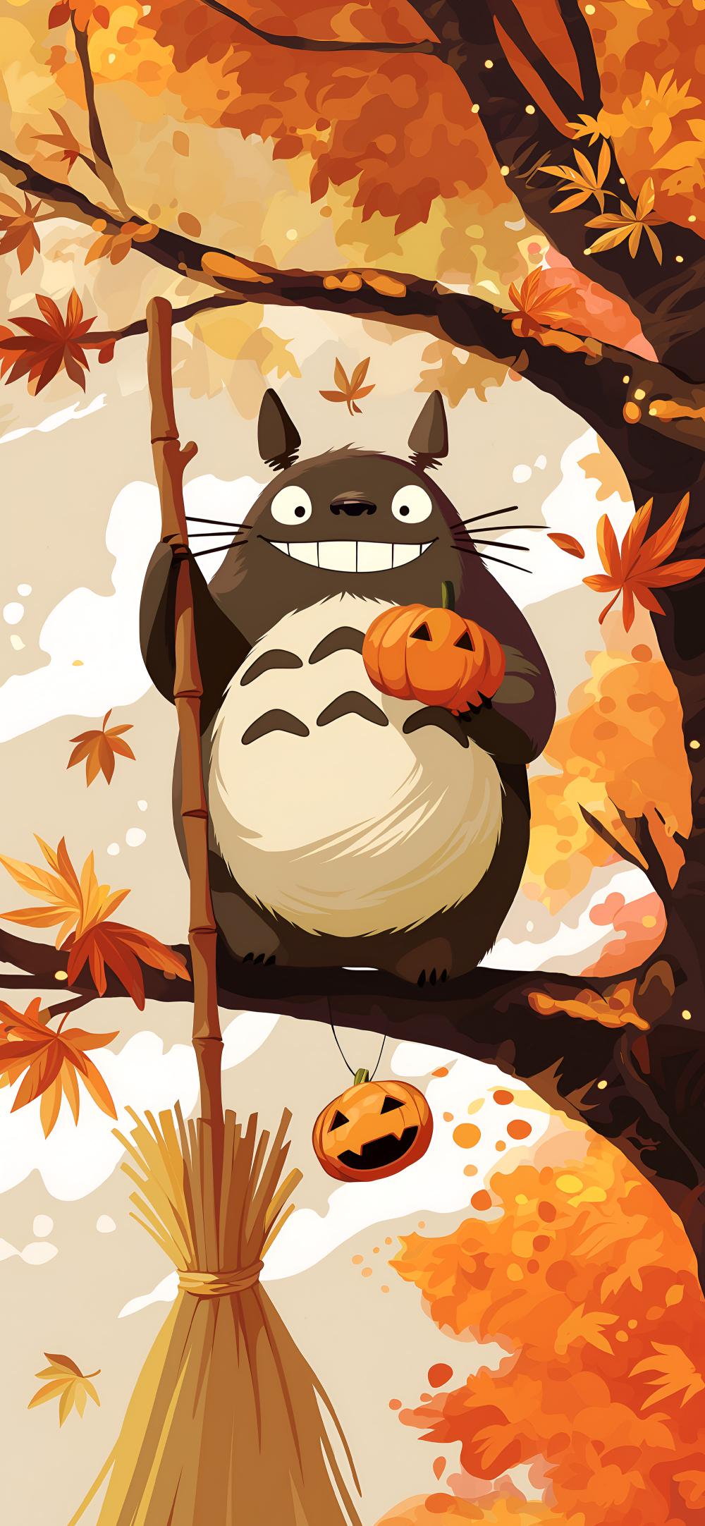 Download Cute Totoro With Halloween Broom Autumn Forest