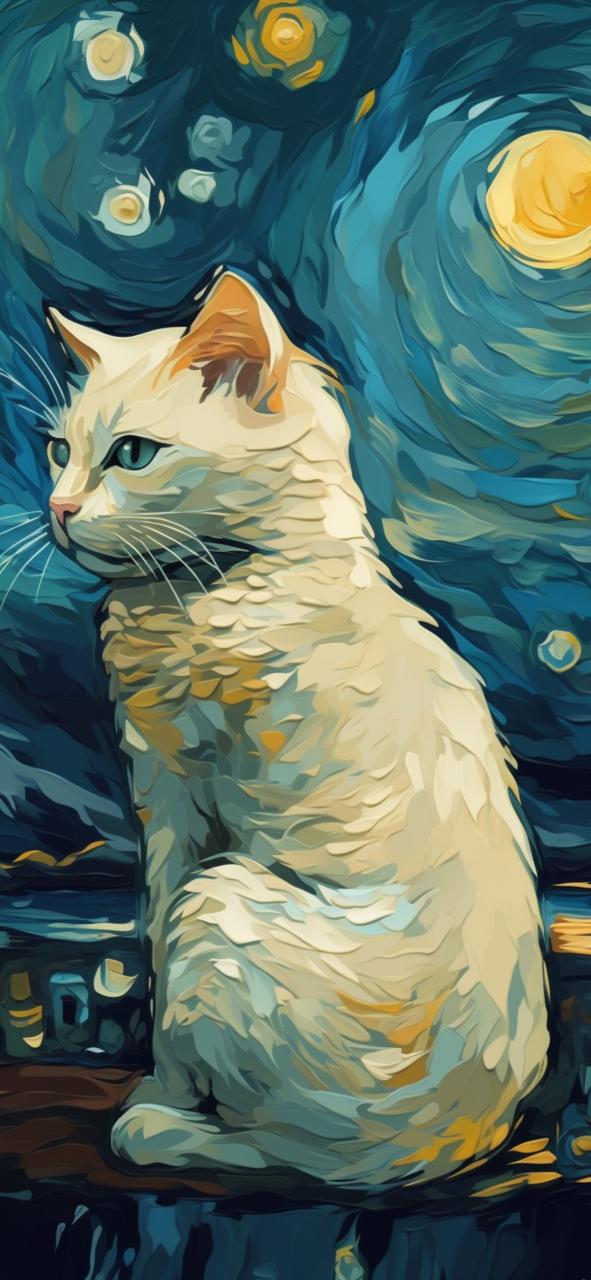 Download White Cat In Van Gogh Style