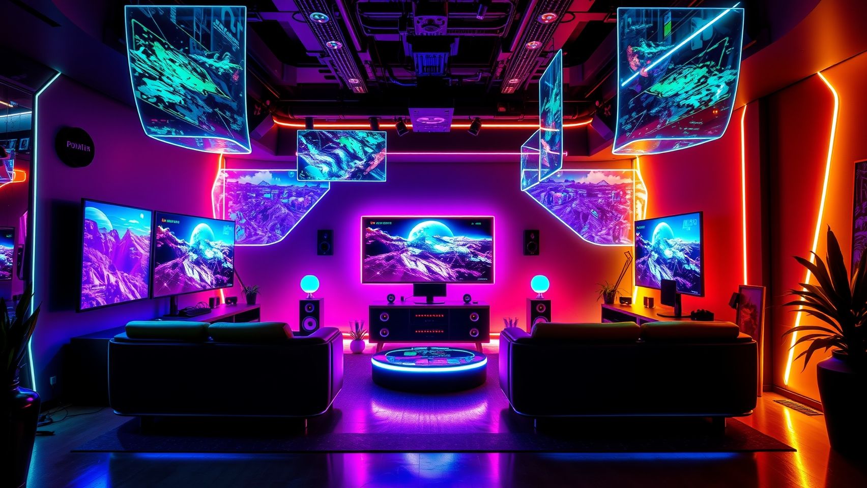 Download Futuristic Gaming Room Neon Lights Triple