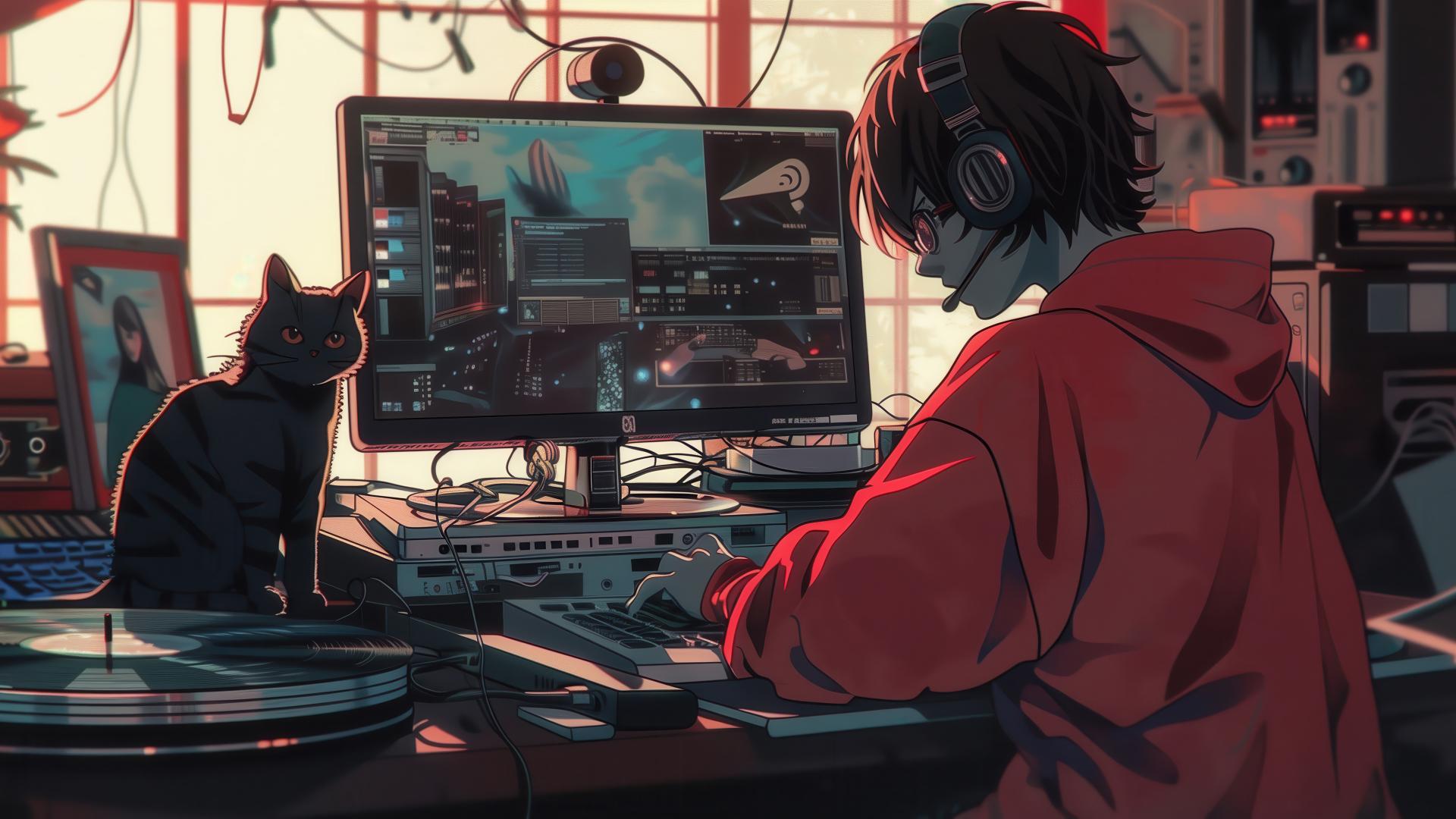 Download Anime Boy Lofi Cat Desktop Computer