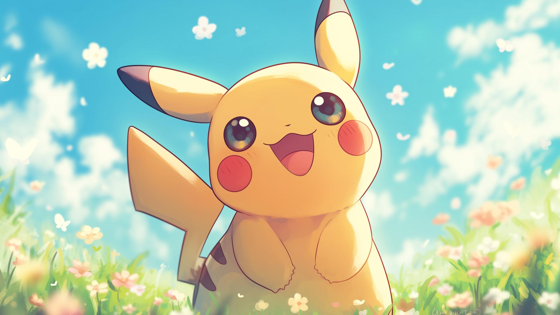 Download Pikachu Sunny Day Flower Field Happy Desktop