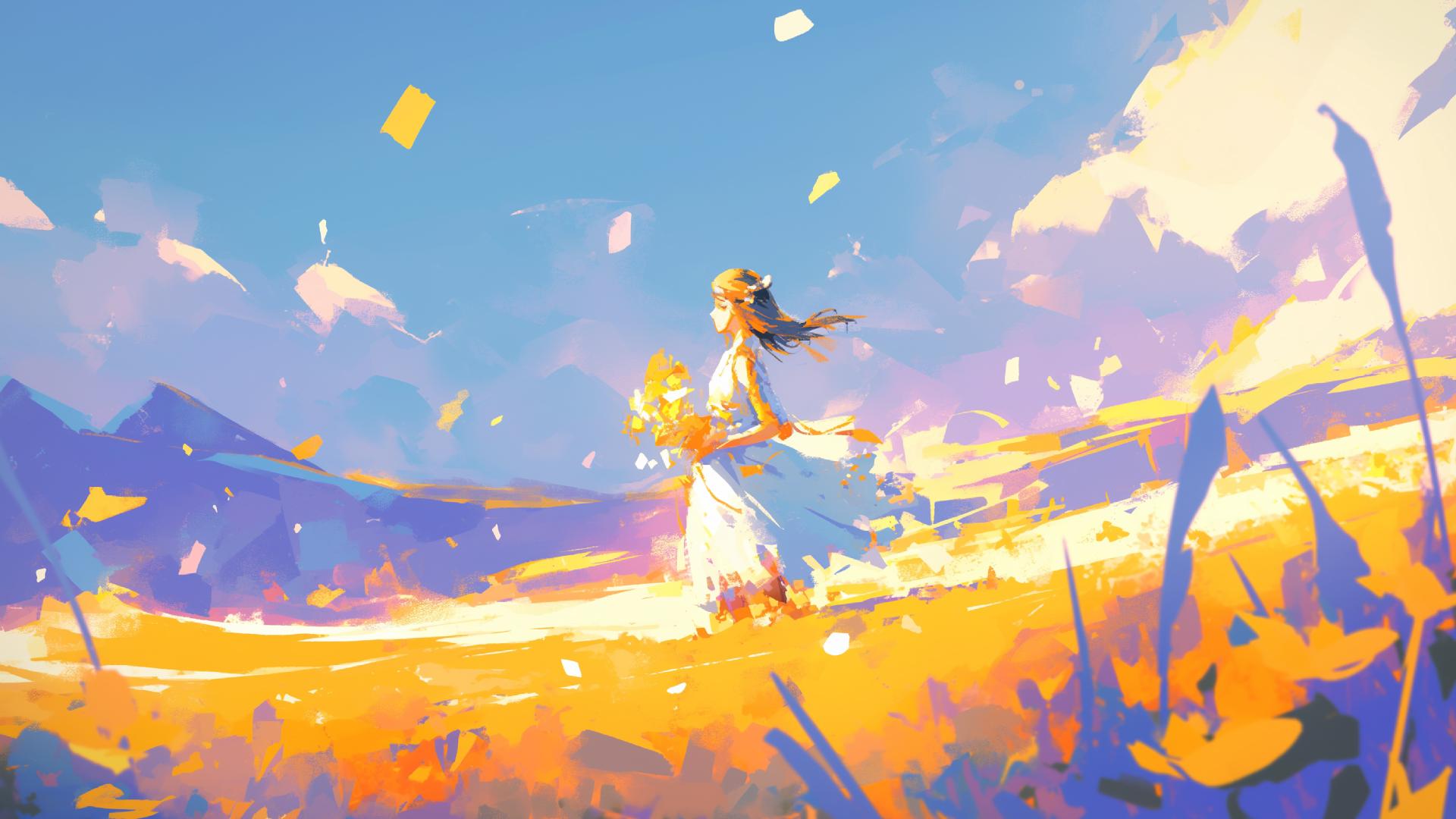 Download Girl Golden Field Wind Desktop Wallpaper