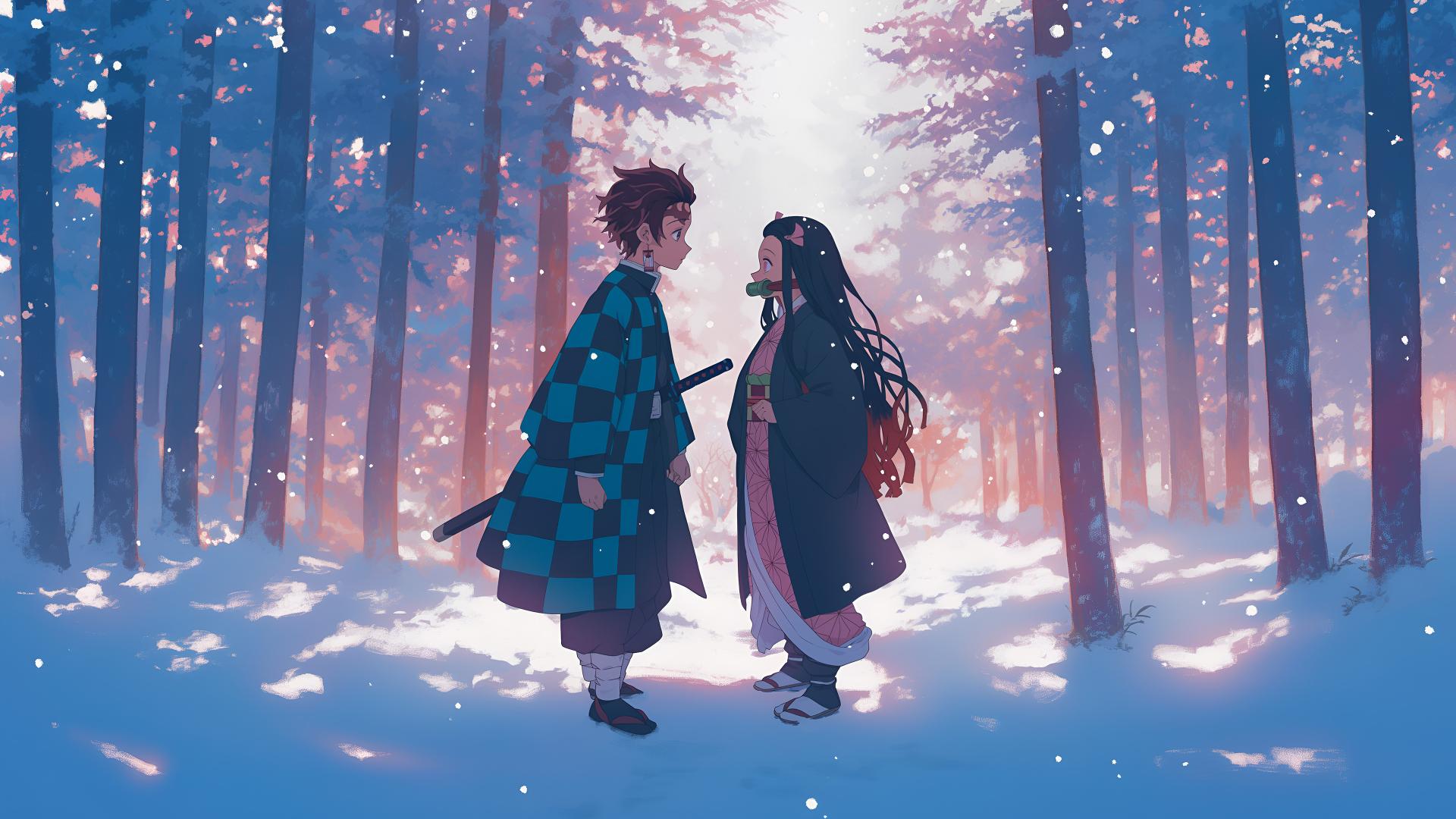 Download Tanjiro Nezuko Snowy Forest Desktop