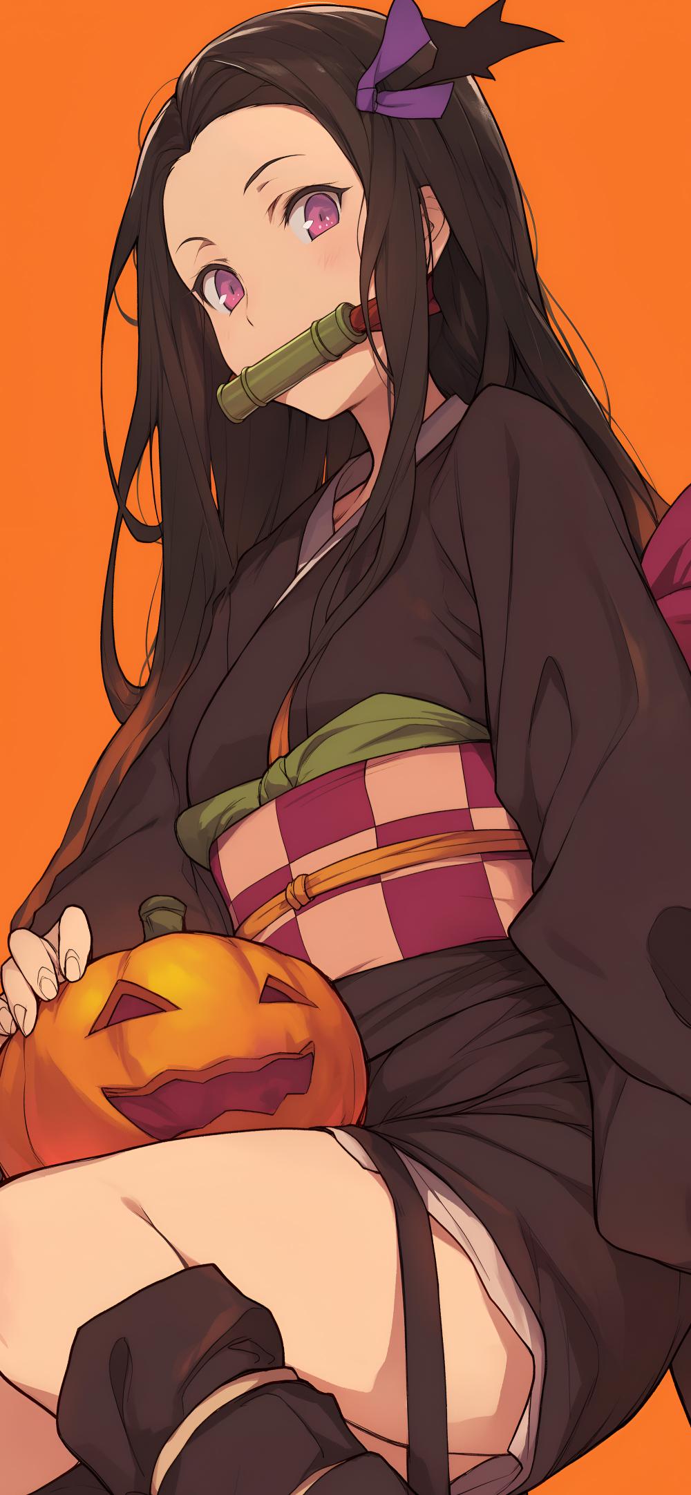 Download Nezuko With Halloween Pumpkin Anime Wallpaper