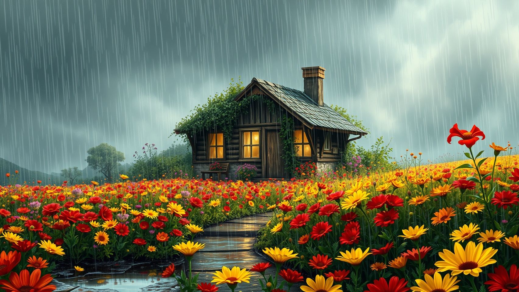 Download Rainy Realistic Illustration Landscape Flower Field