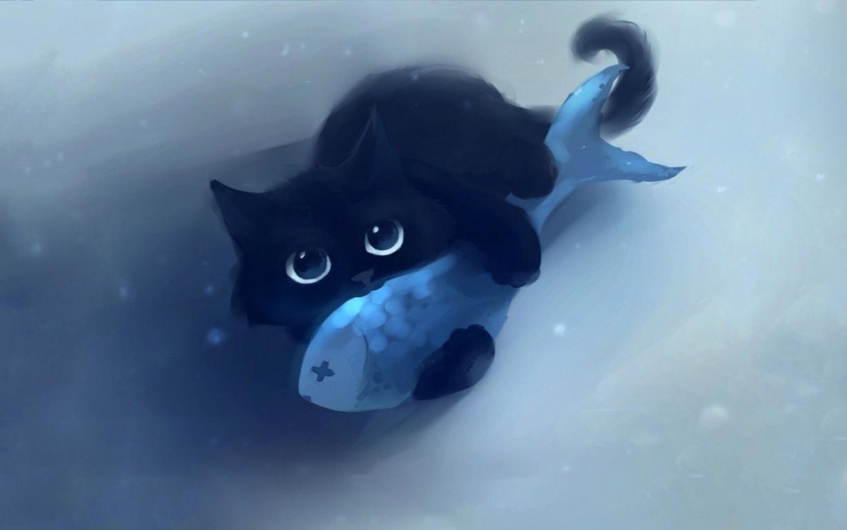 Download black cat holding fish