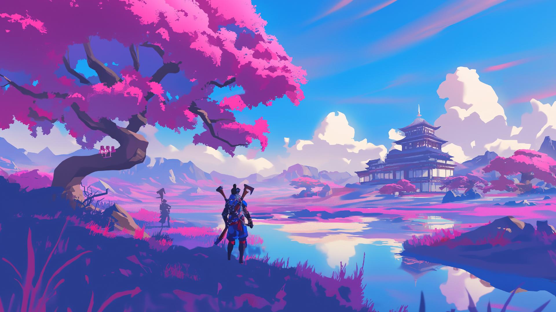 Download Purple Sunset Pagoda Lone Samurai Desktop Wallpaper