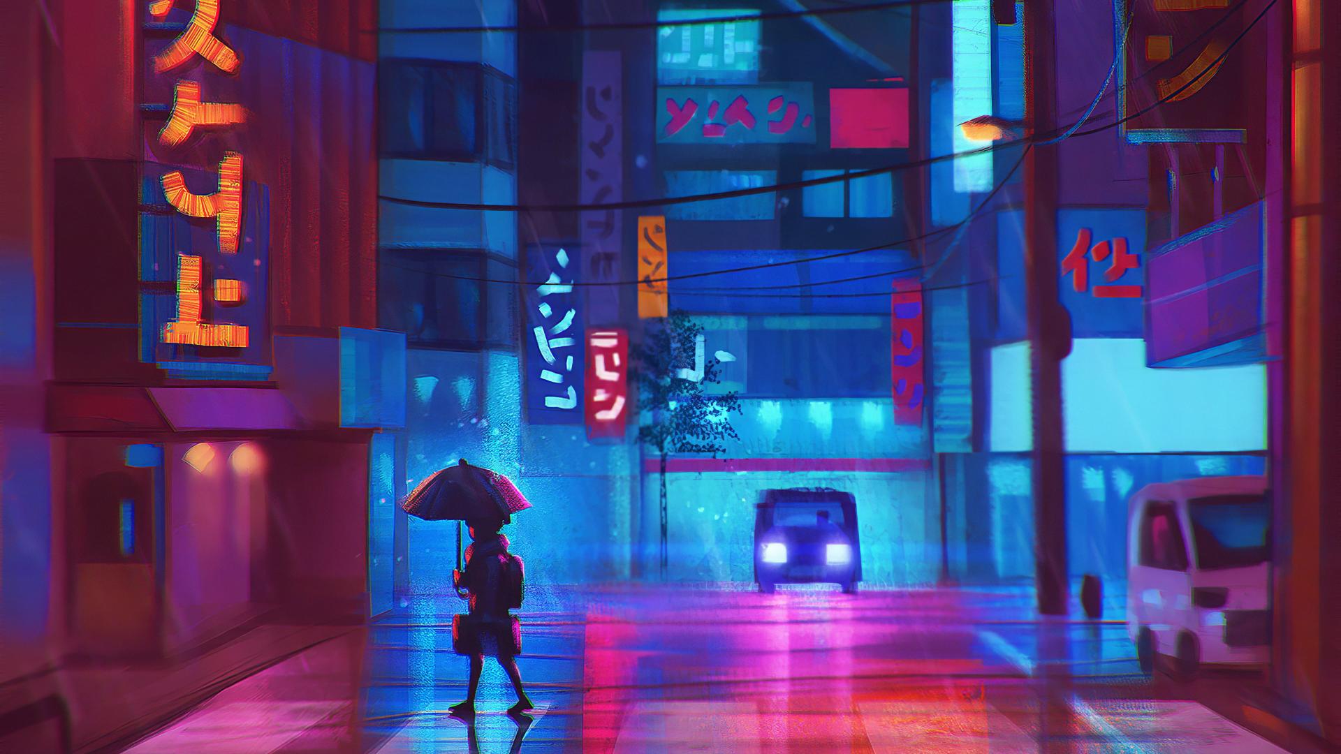 Download anime landscape neon colorful