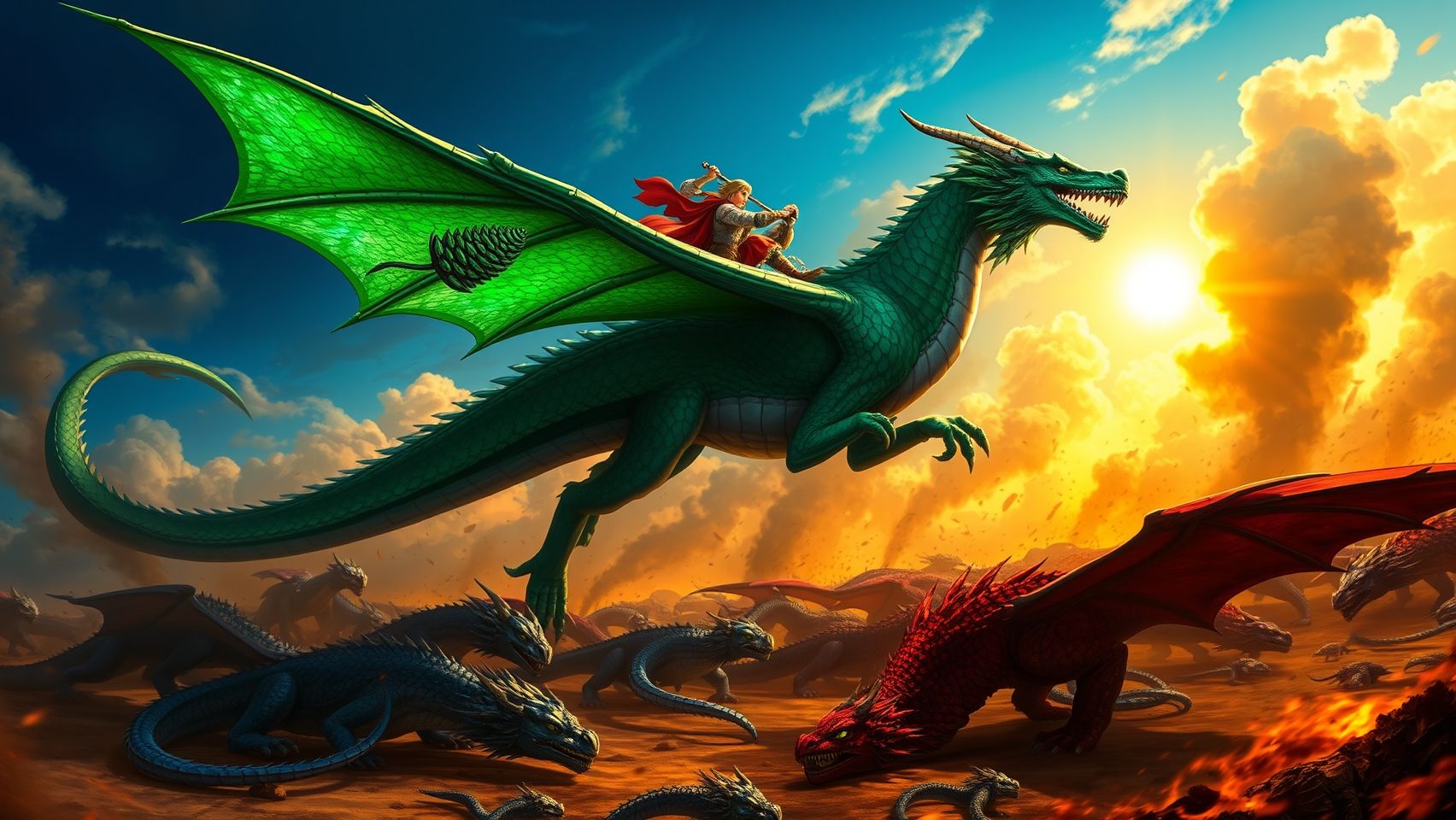 Download Warrior Flying With Green Dragon Dragon