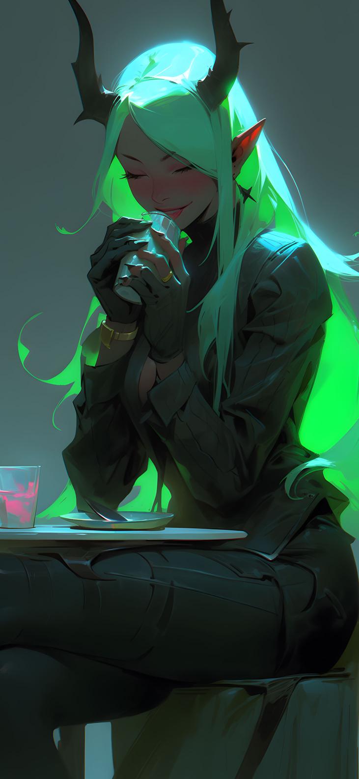 Download Green Haired Elf Girl Enjoying Tea