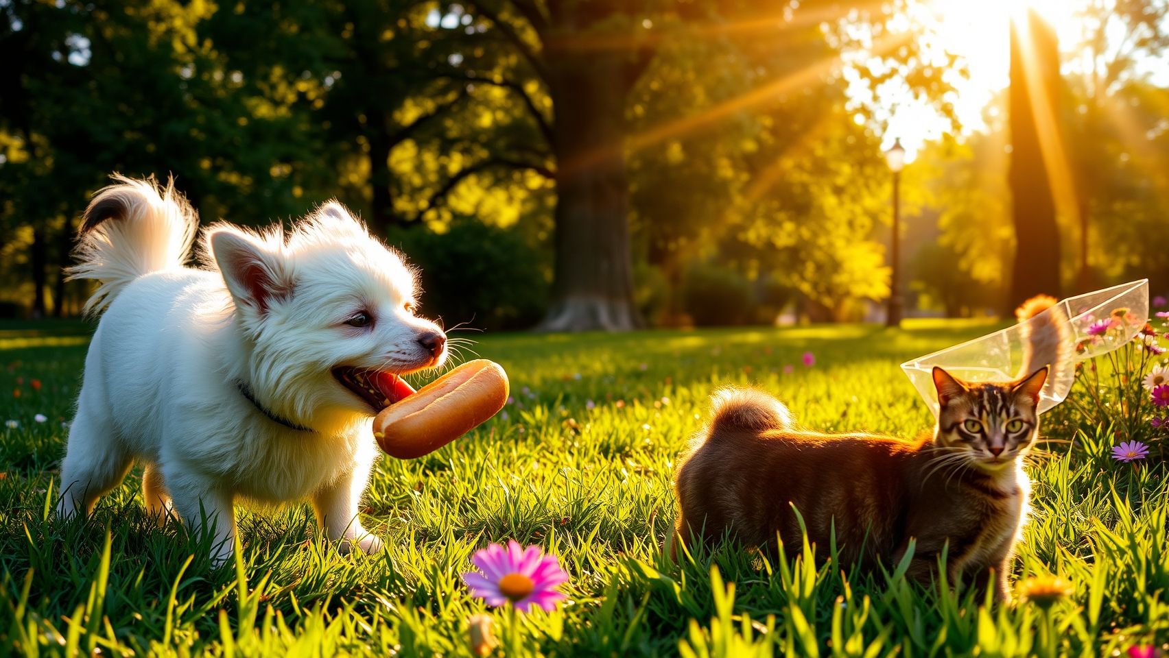 Download White Dog Eating A Hotdog With