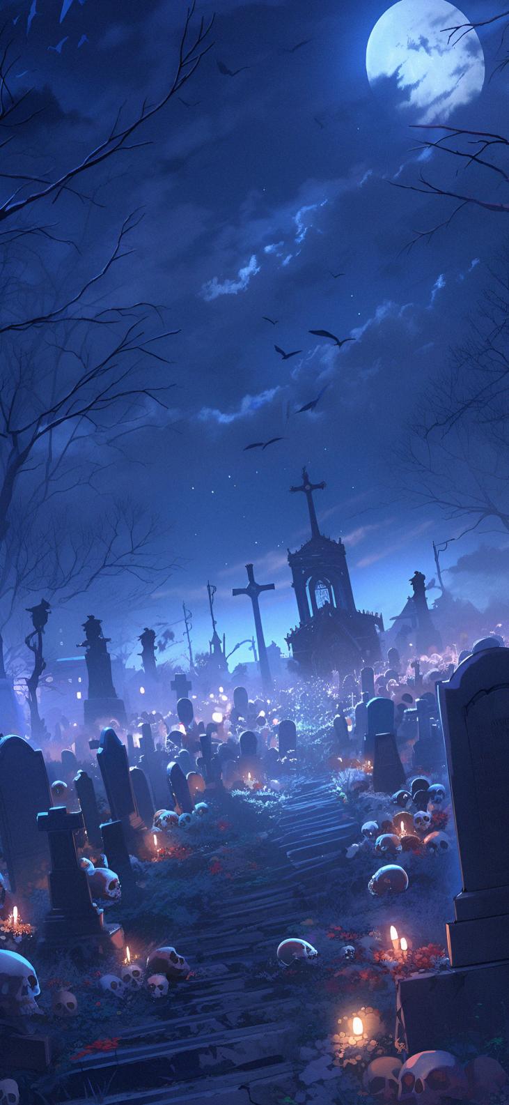 Download Halloween Scary Night Cemetery With Skulls