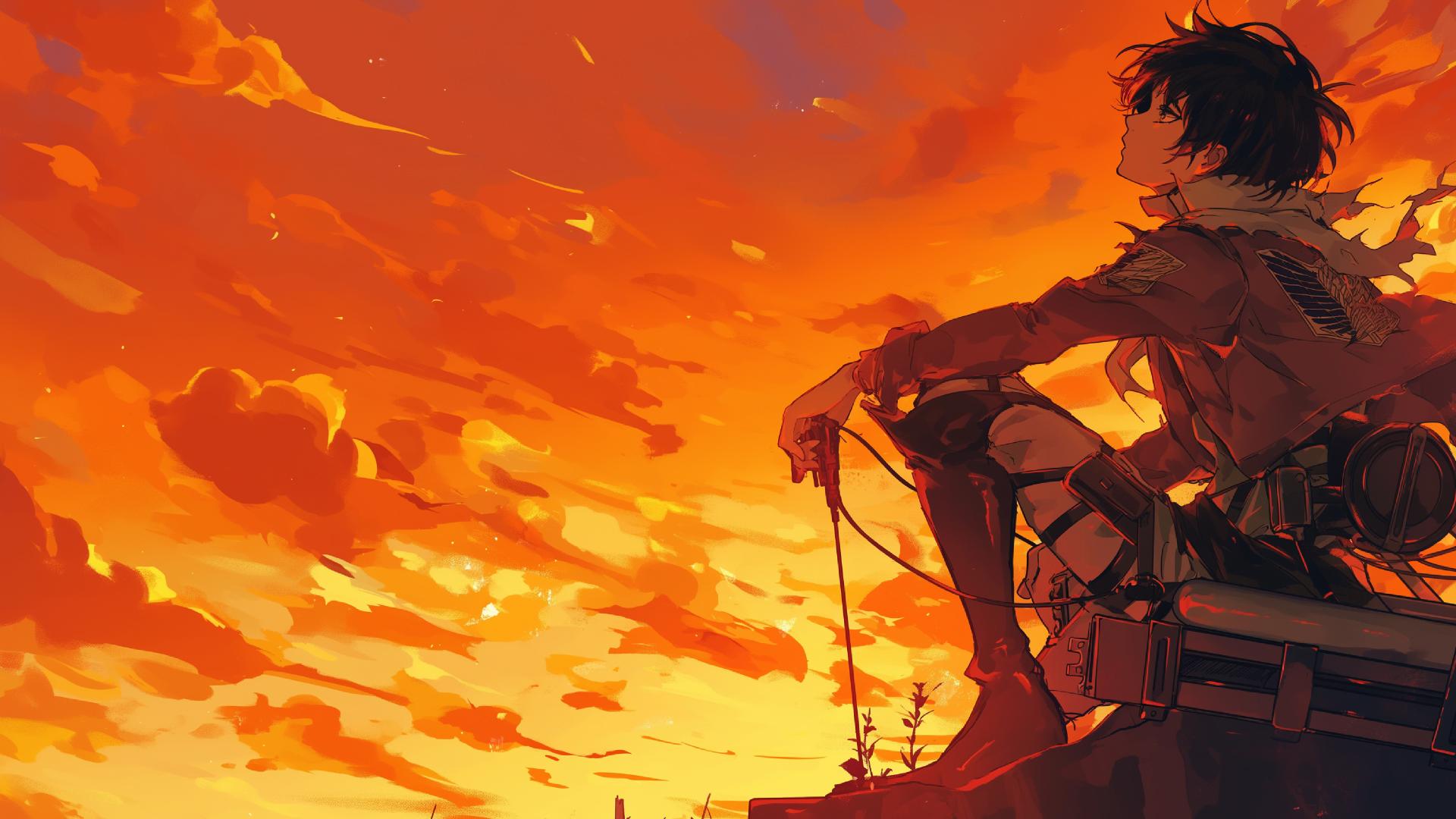 Download Eren Yeager Sunset Contemplation Desktop Wallpaper