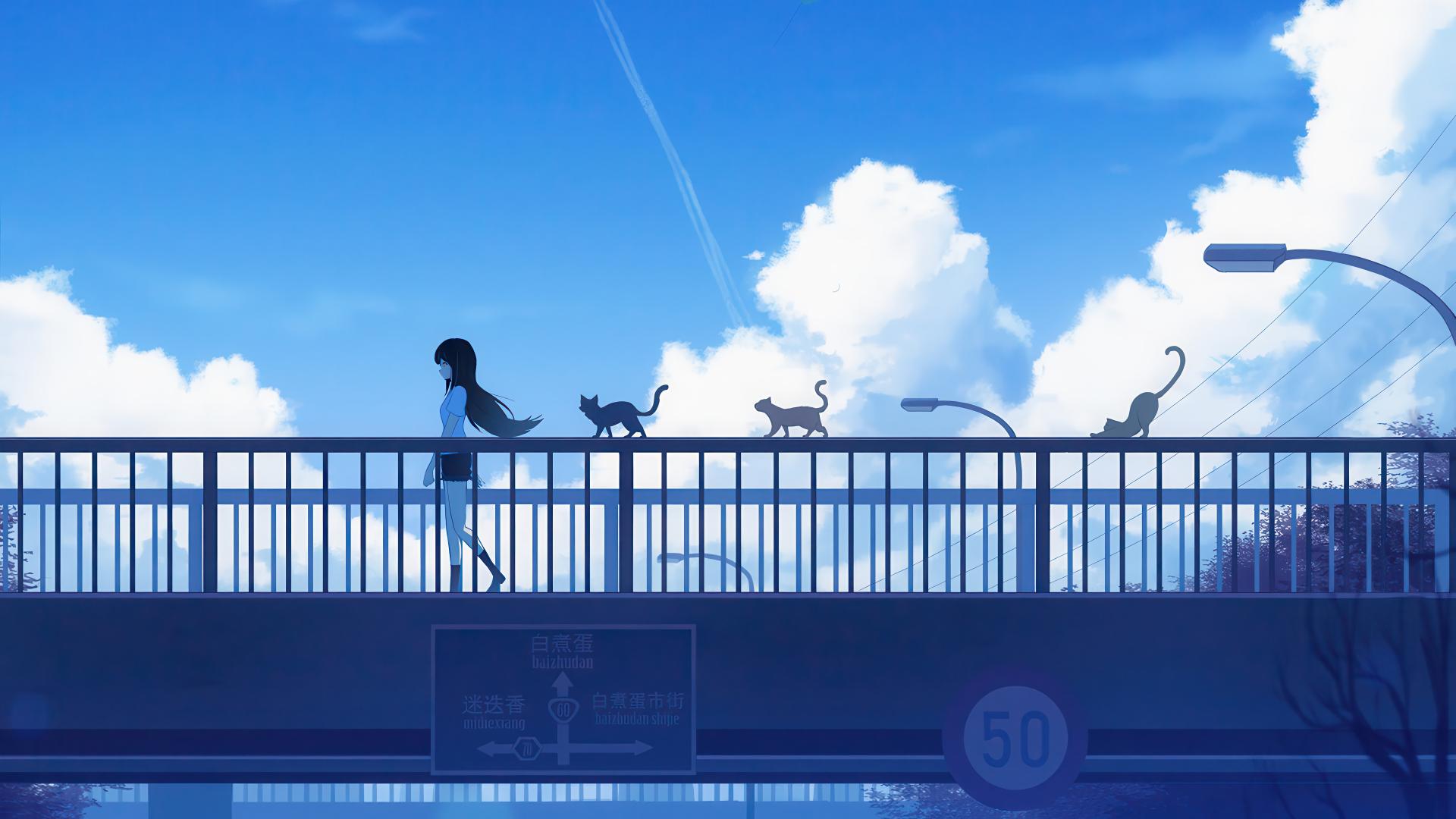 Download Anime Girl With Cats Sky Scenery