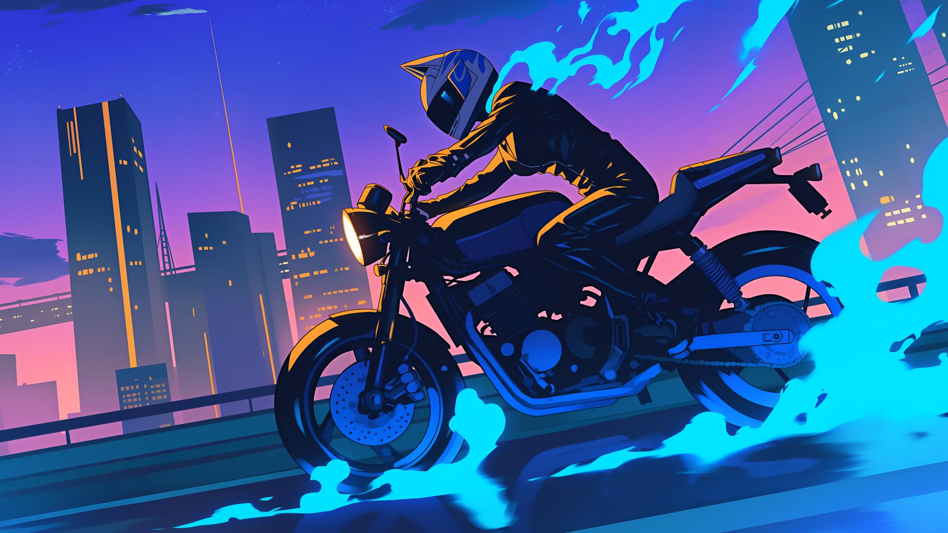 Download Celty Sturluson City Motorcycle Flames 4k