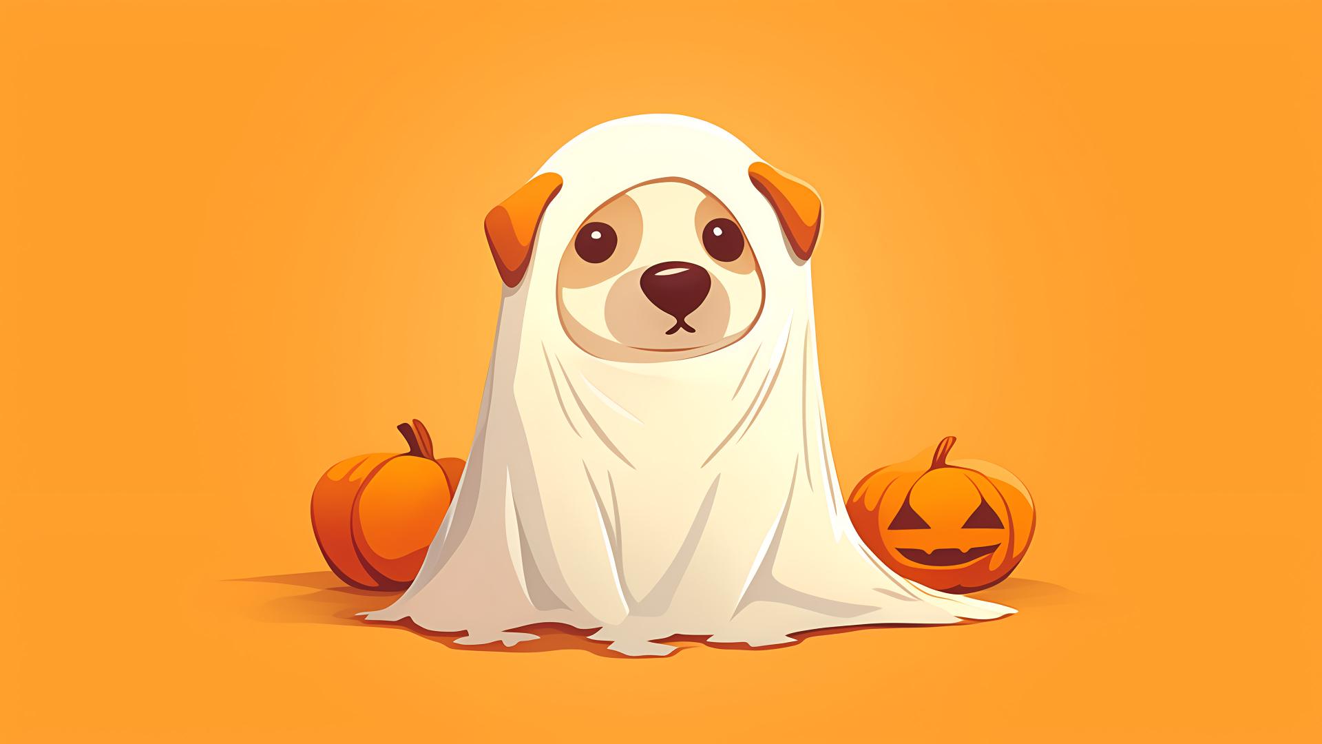 Download Dog In Retro Ghost Costume Halloween Desktop Wallpaper 4k