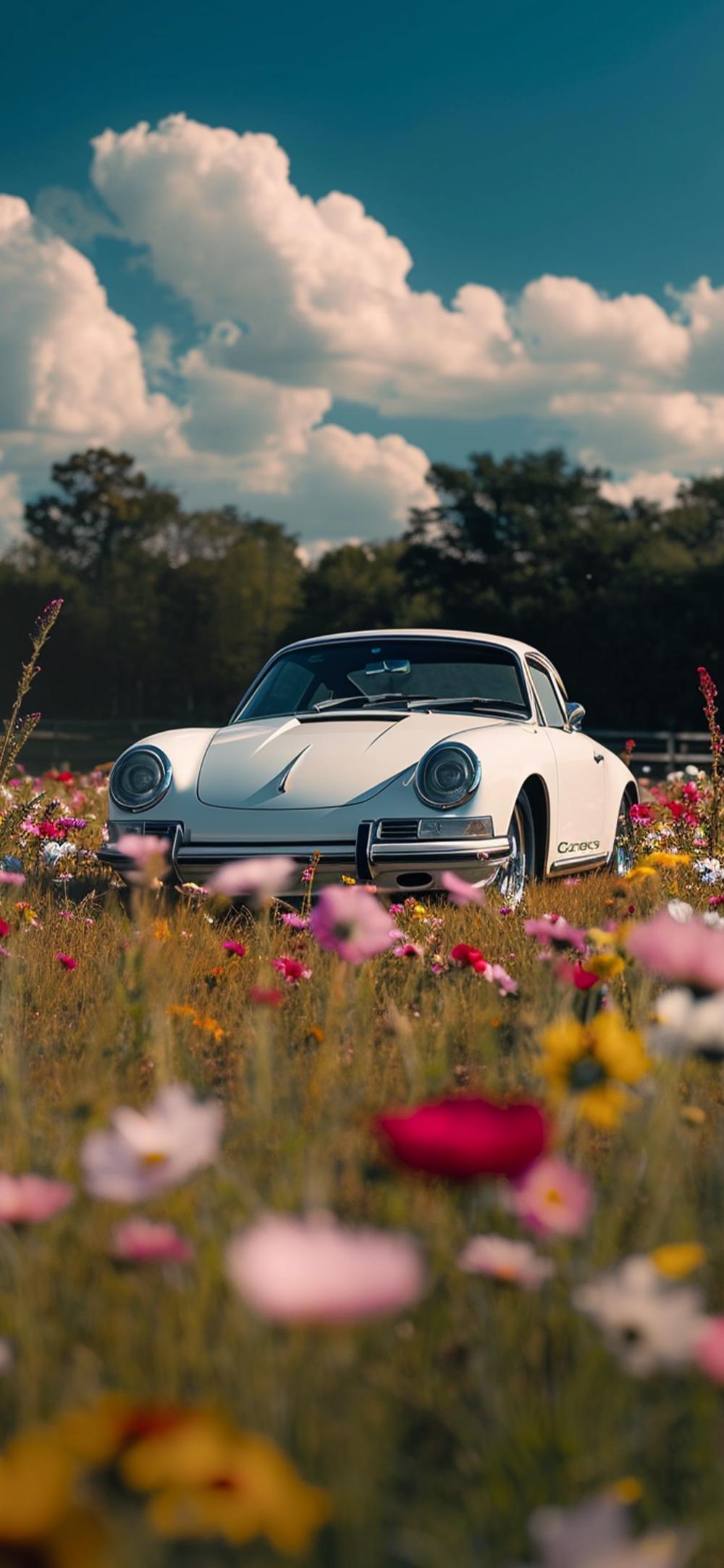 Download Vintage Porsche In Blooming Field Aesthetic