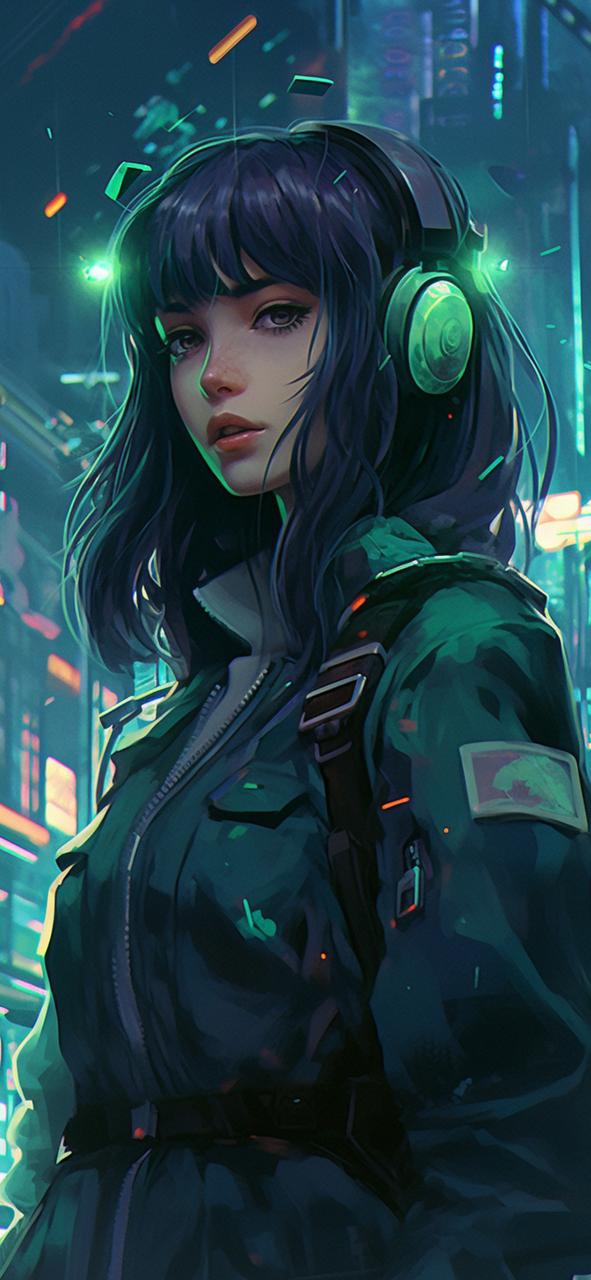 Download Girl Wearing Headphones Cyberpunk