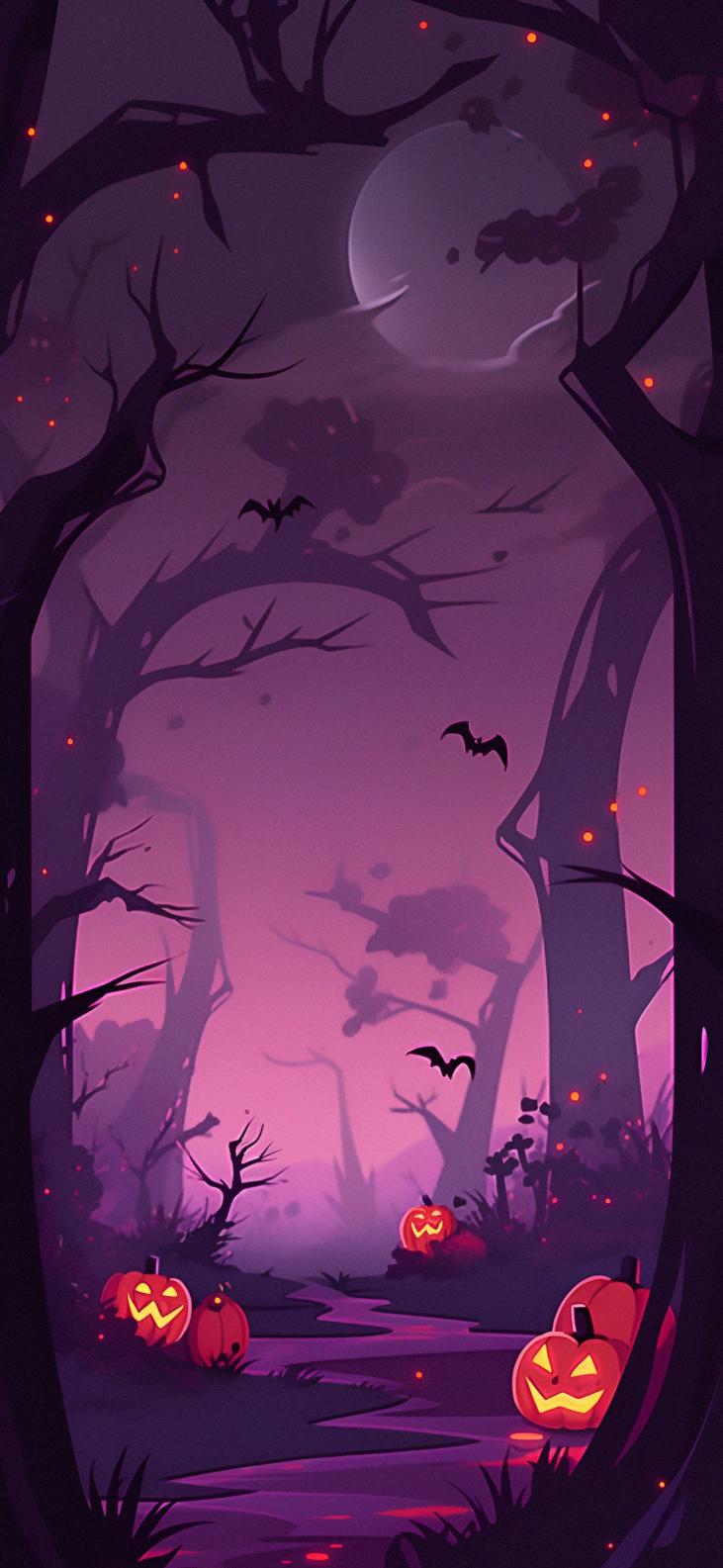 Download Halloween Jack O Lanterns In Purple Forest